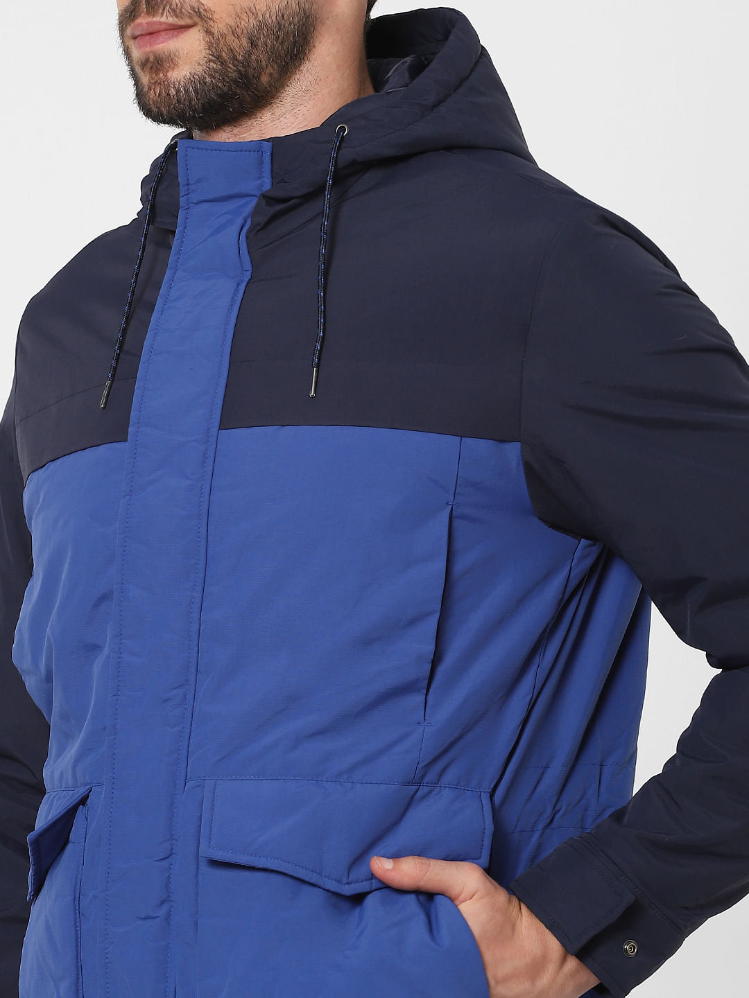 Blue Colourblocked Hooded Jacket