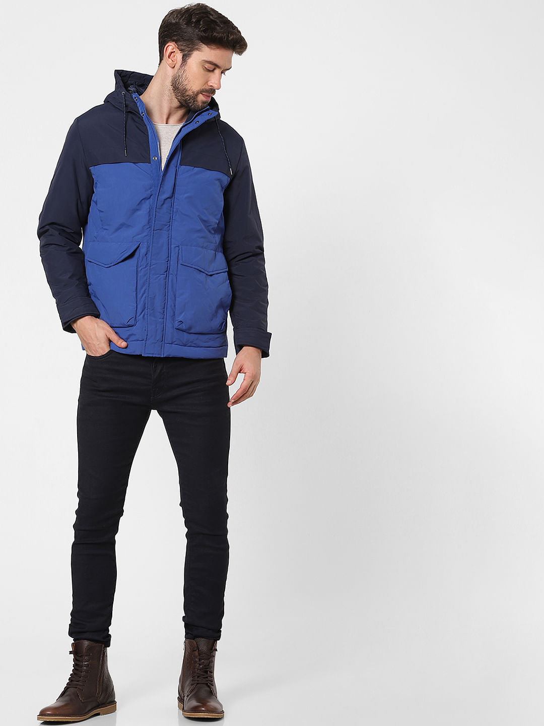 Blue Colourblocked Hooded Jacket
