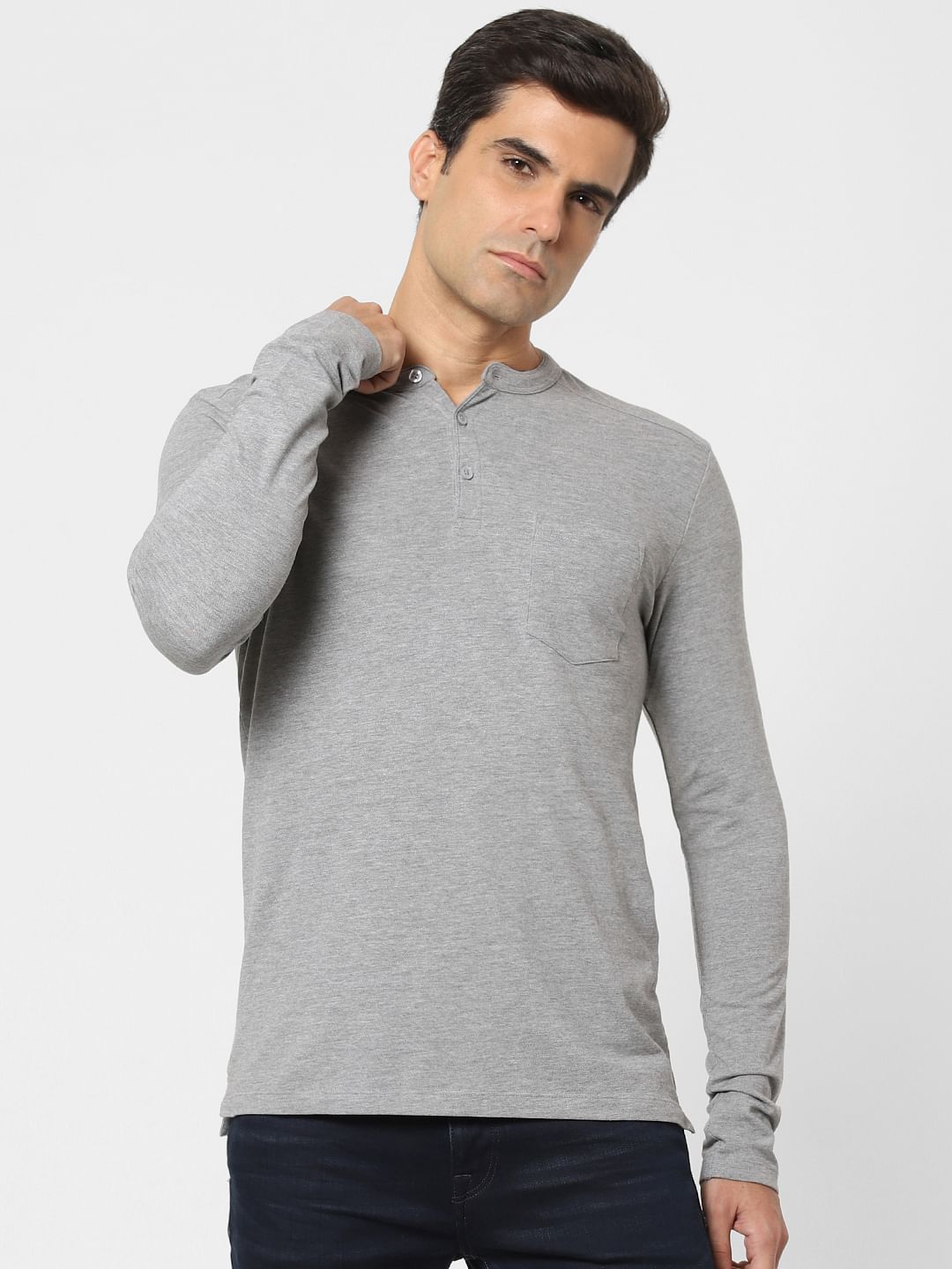 Light Grey Henley Neck Full Sleeves T-Shirt