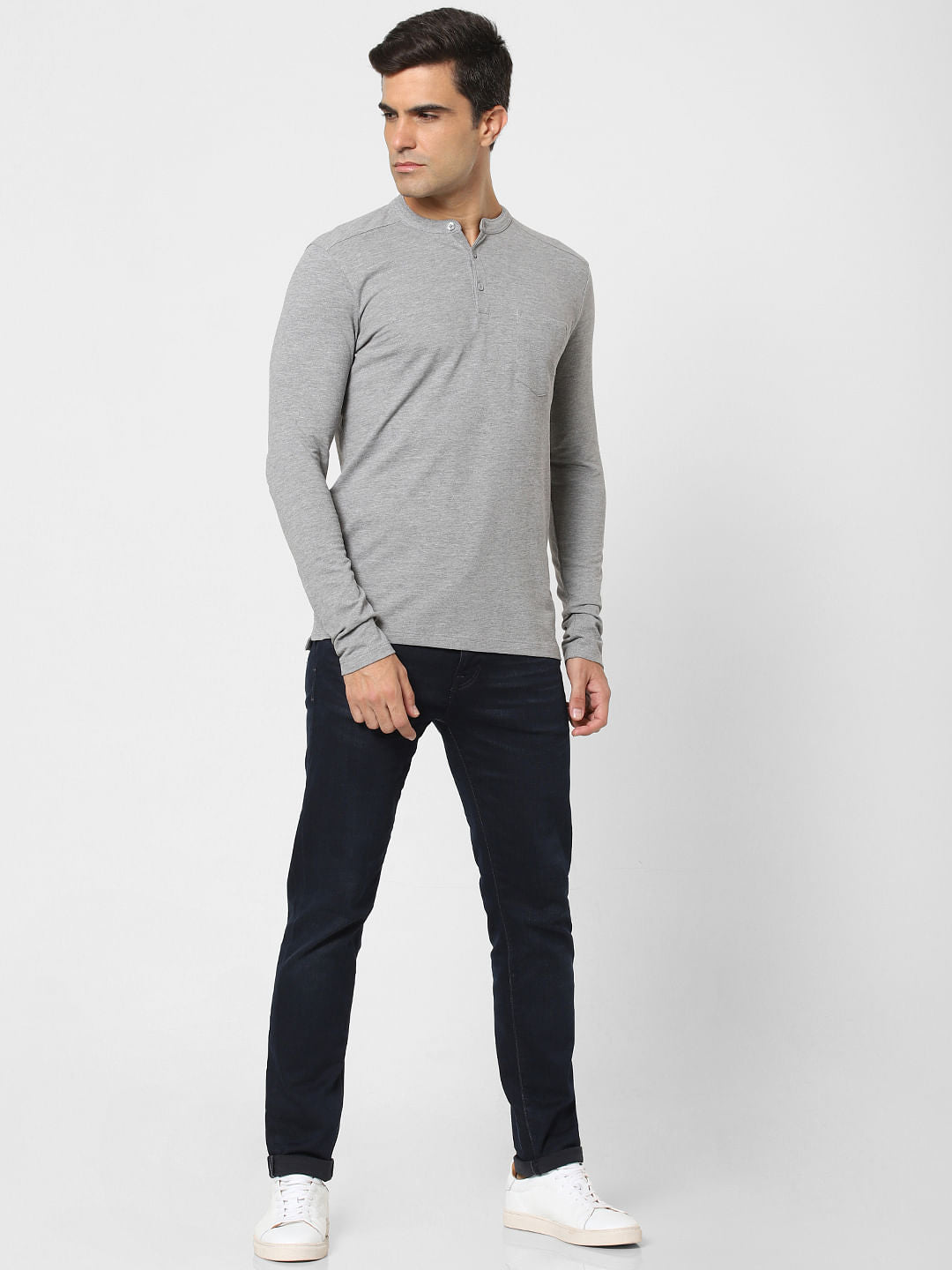 Light Grey Henley Neck Full Sleeves T-Shirt