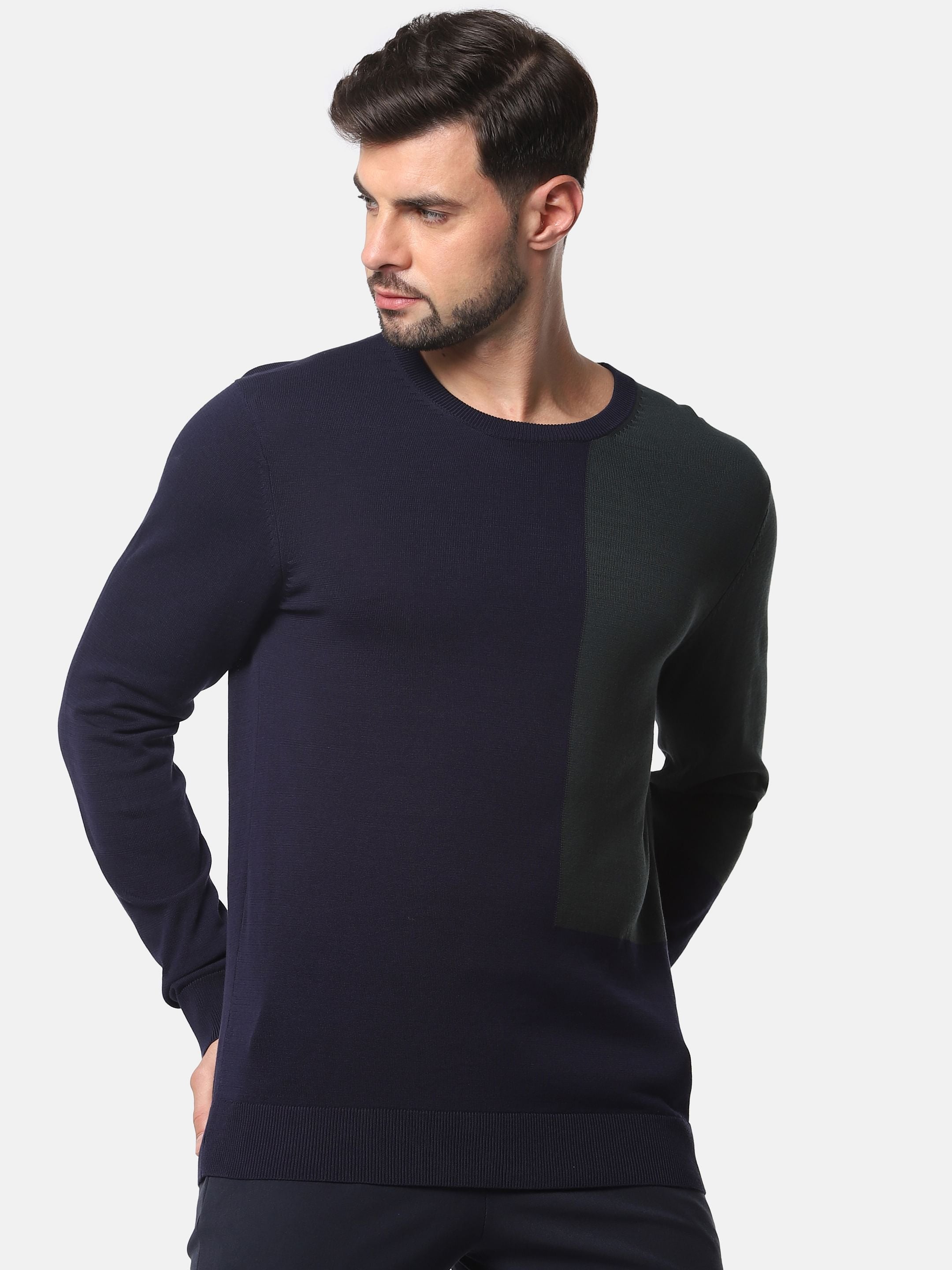 Navy Blue Colourblocked Pullover