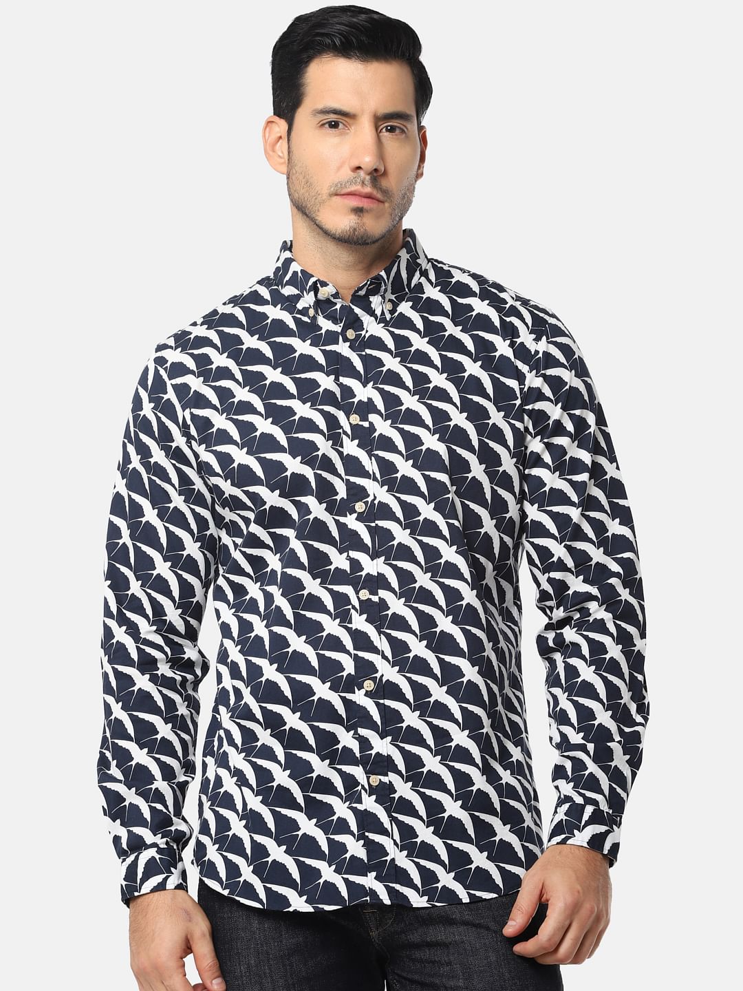 Navy Blue All Over Print Full Sleeves Shirt