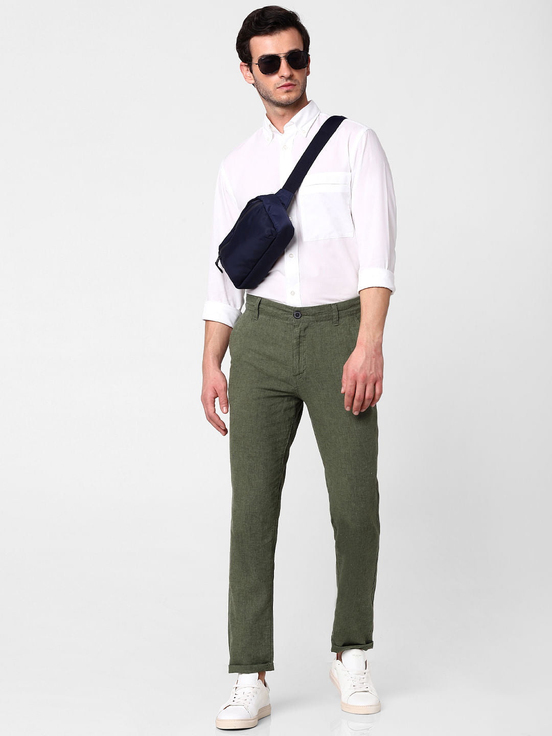 Green Mid Rise Straight Fit Trousers