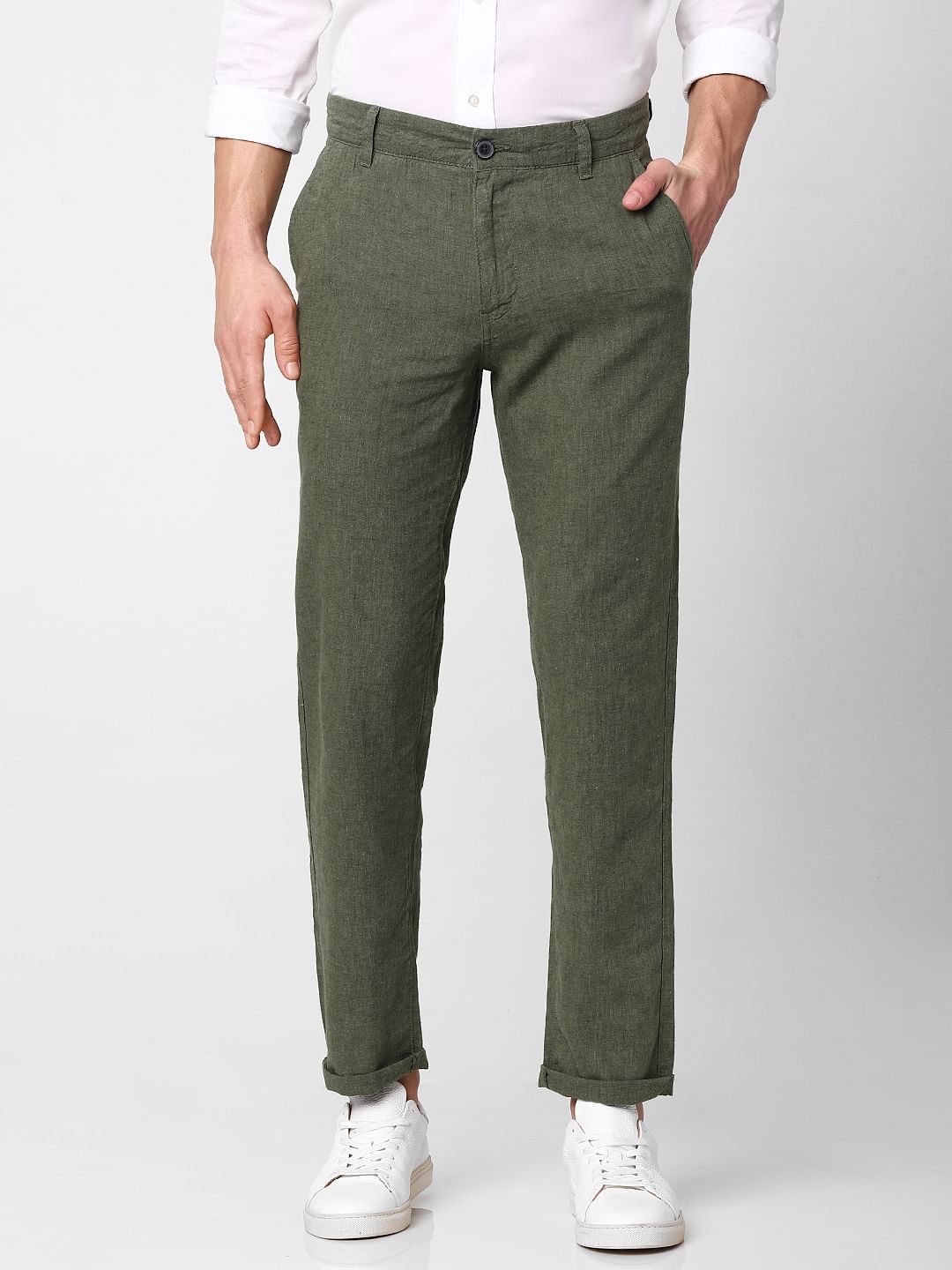 Green Mid Rise Straight Fit Trousers
