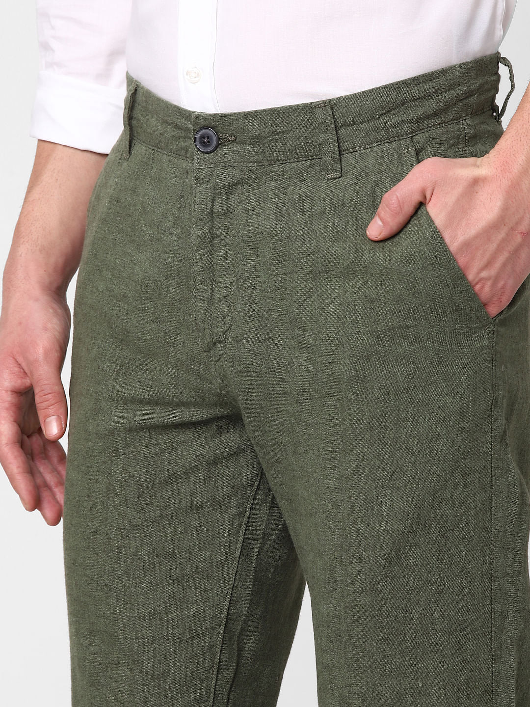 Green Mid Rise Straight Fit Trousers