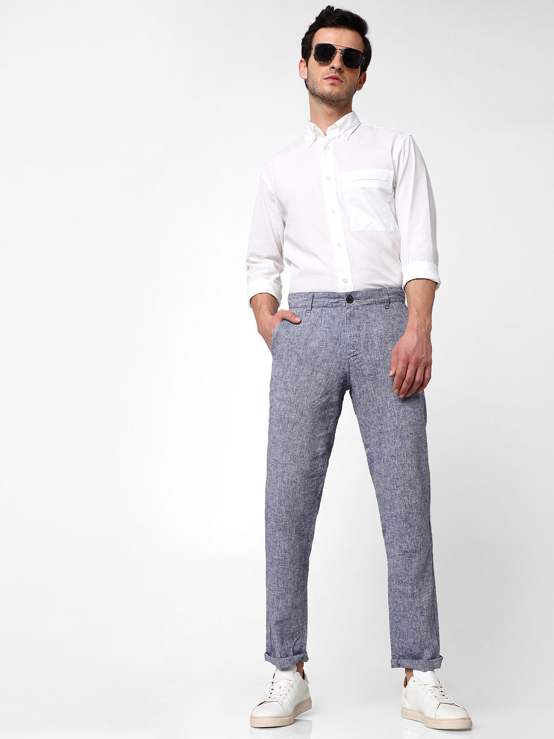 Blue Mid Rise Straight Fit Trousers