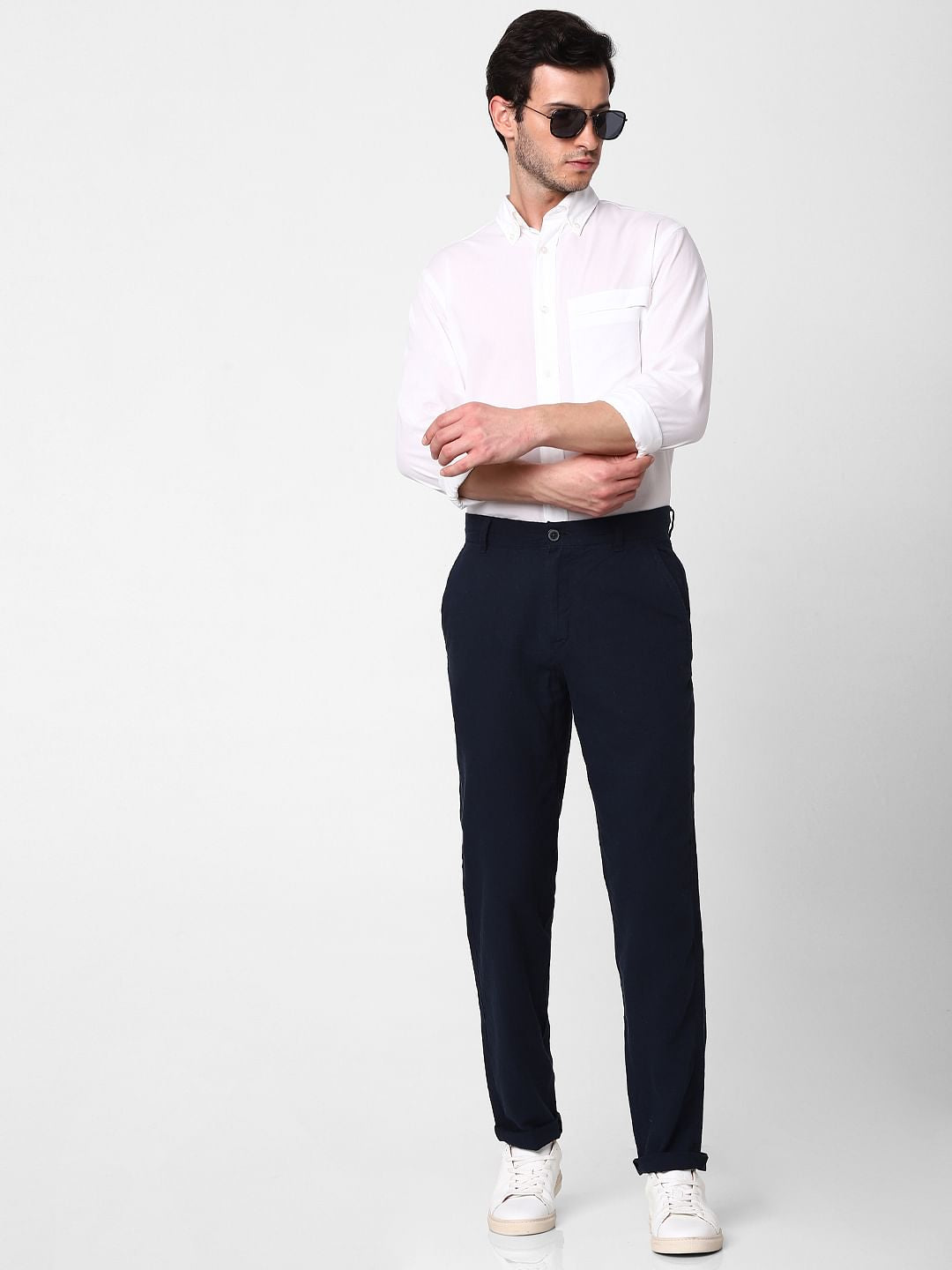 Dark Blue Mid Rise Straight Fit Trousers