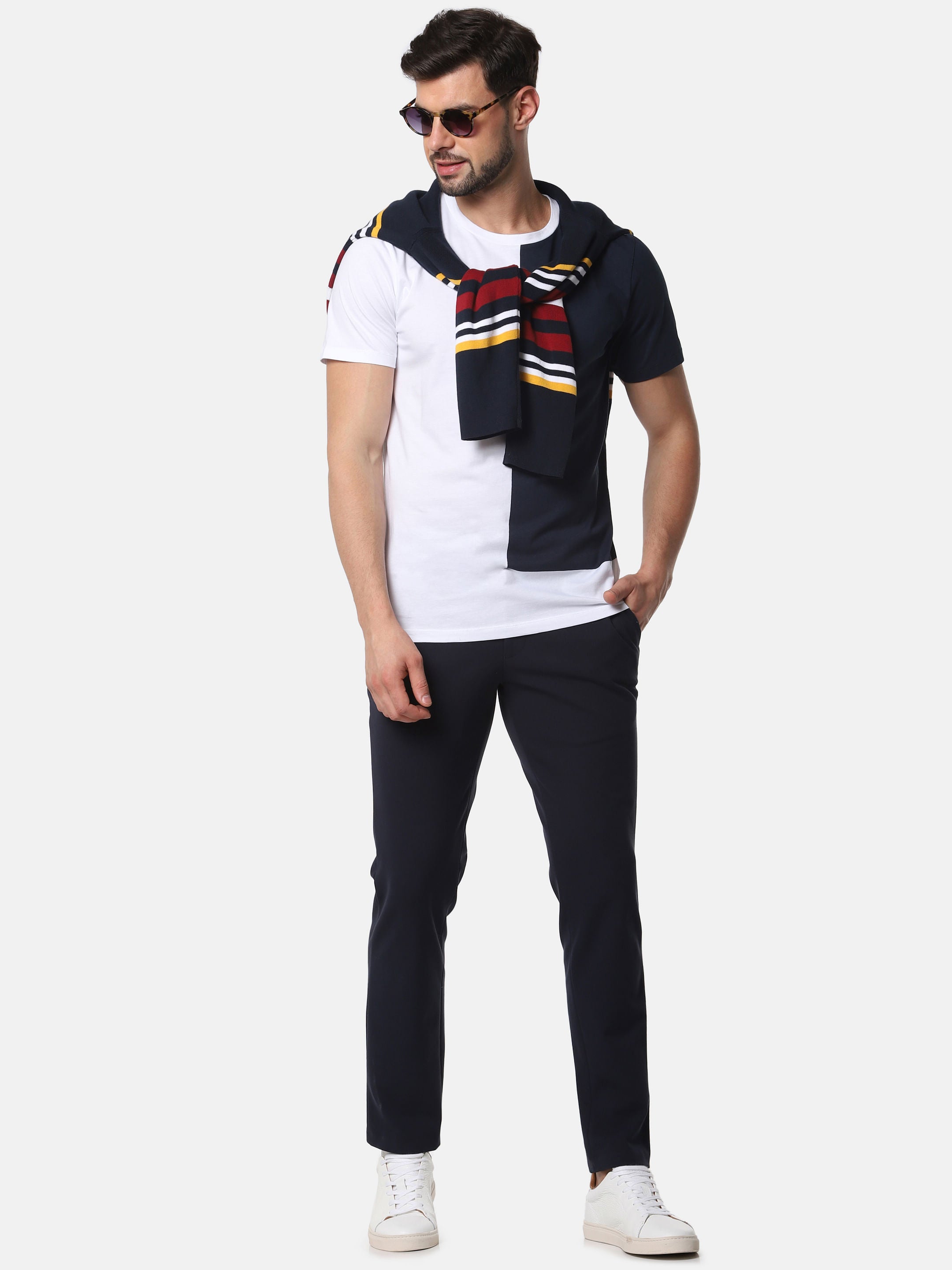 Navy Blue Colourblocked Crew Neck T-Shirt