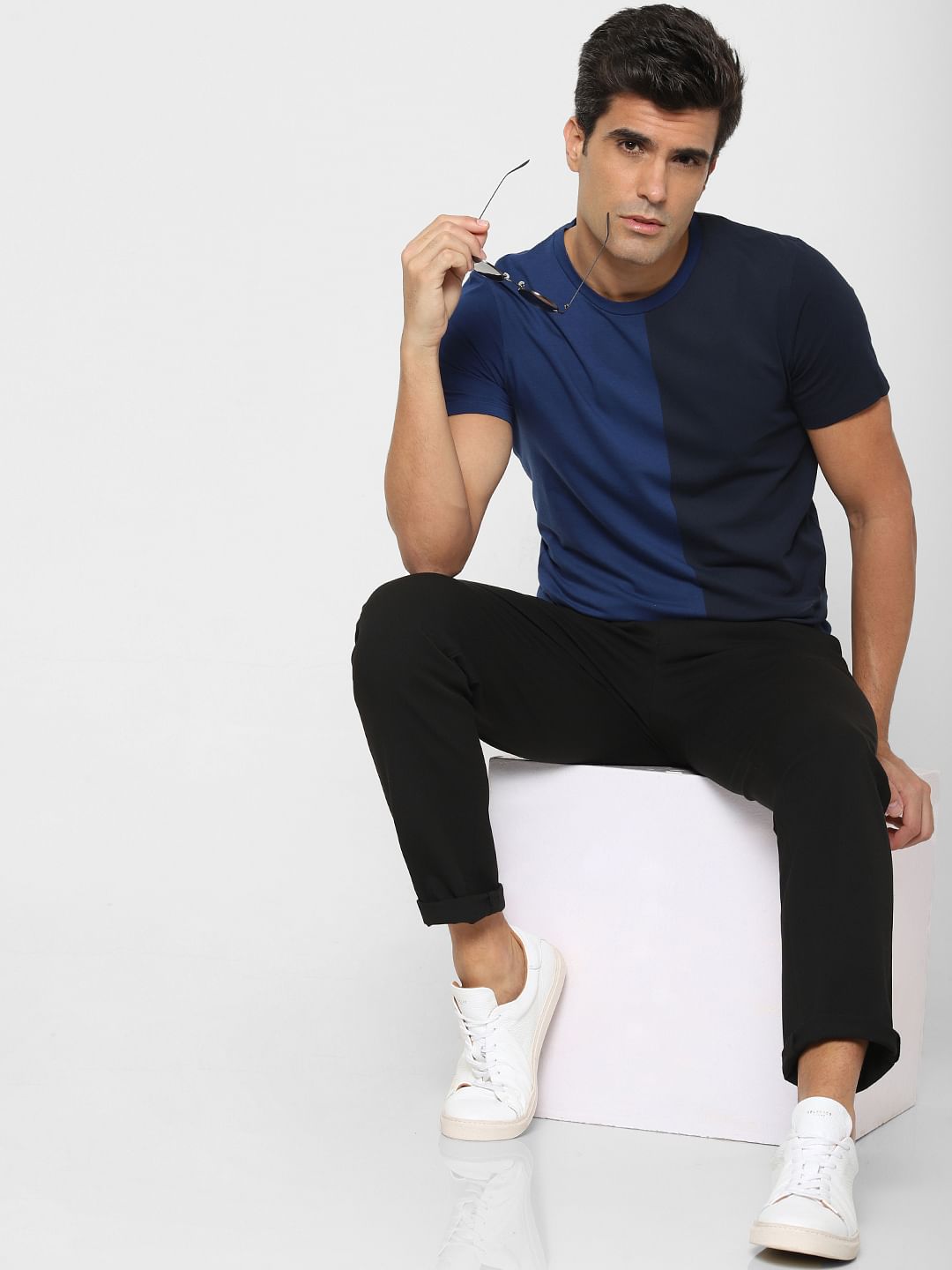 Blue Colourblocked Organic Cotton Crew Neck T-Shirt