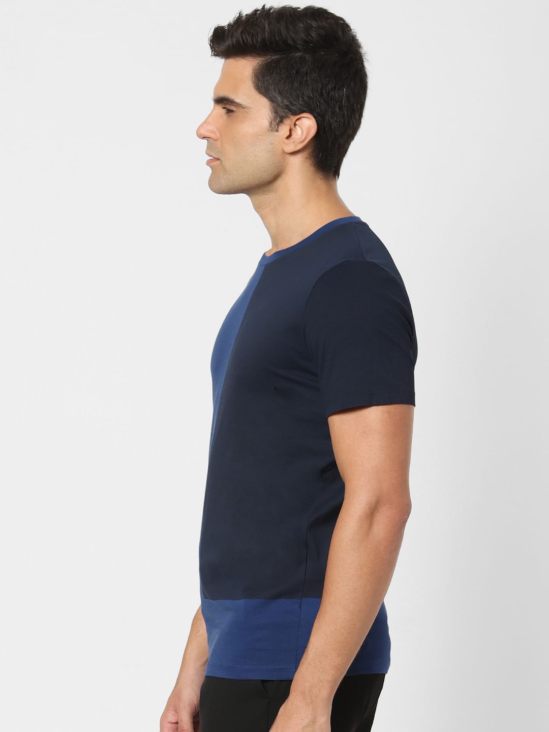 Blue Colourblocked Organic Cotton Crew Neck T-Shirt