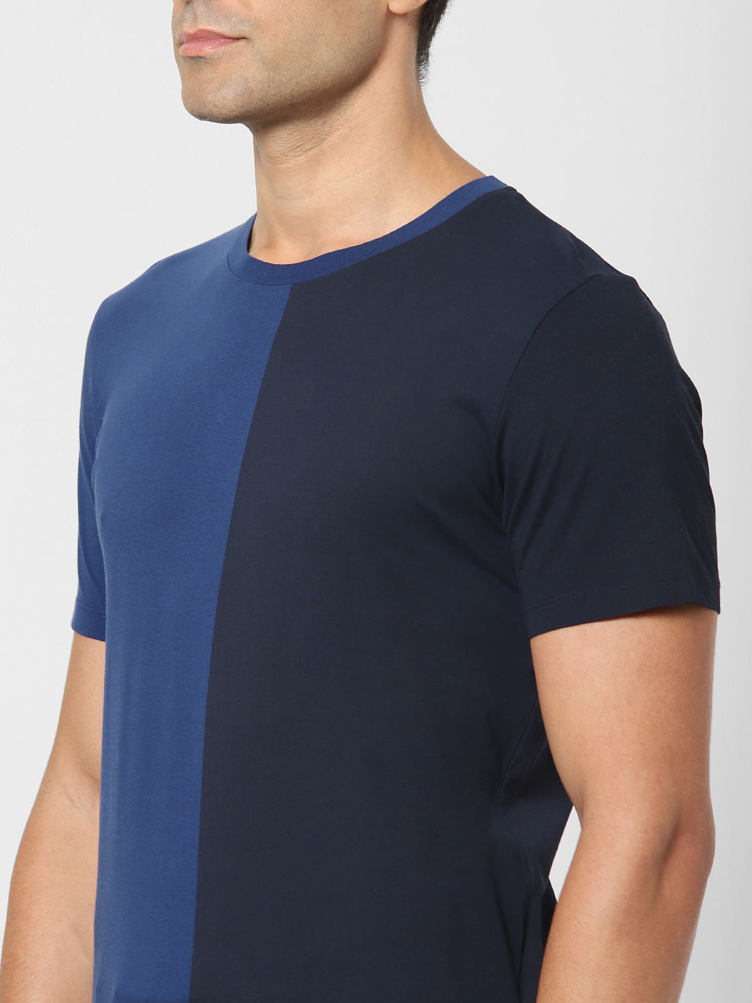 Blue Colourblocked Organic Cotton Crew Neck T-Shirt