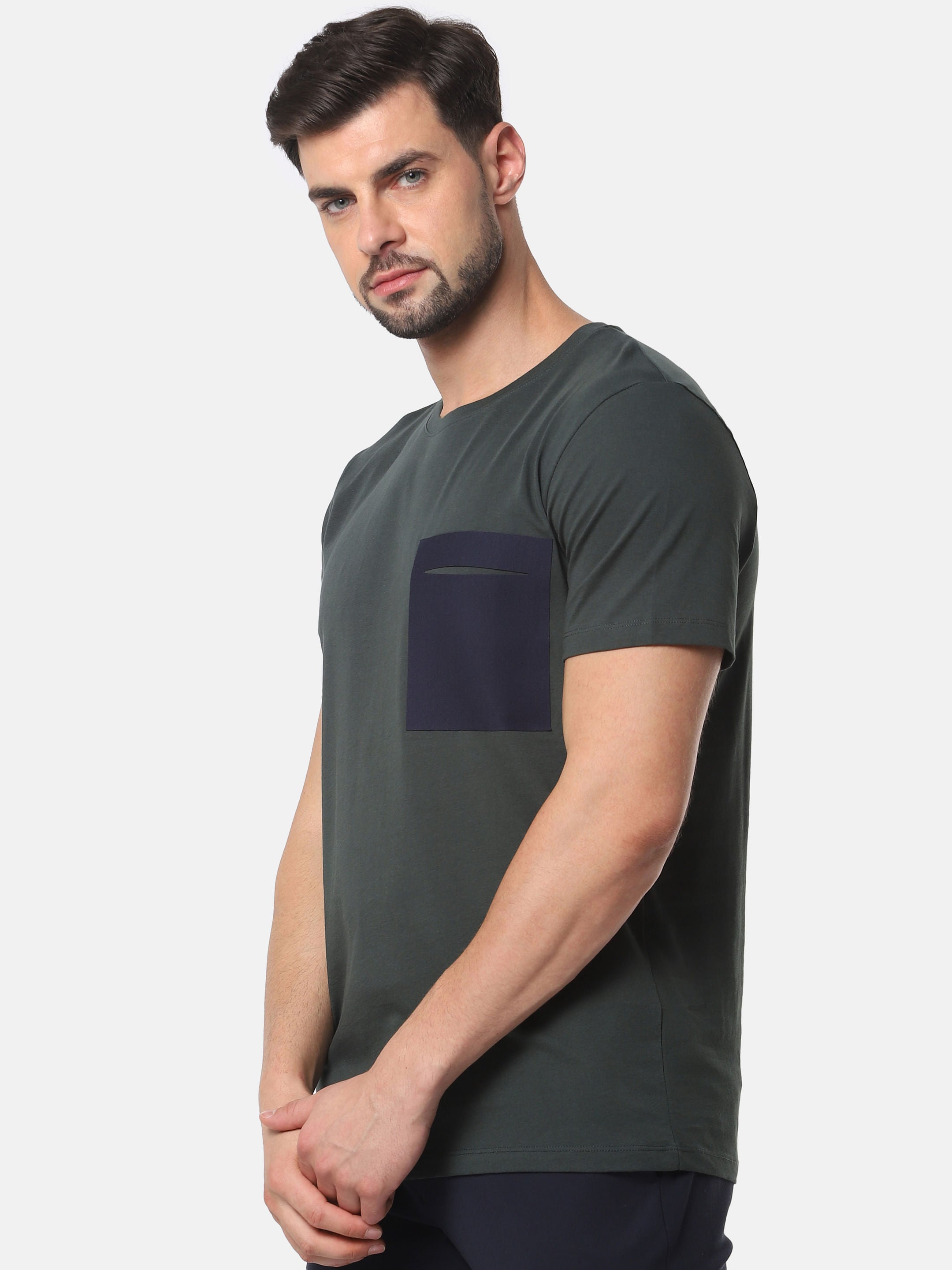 Olive Green Colourblocked Crew Neck T-Shirt