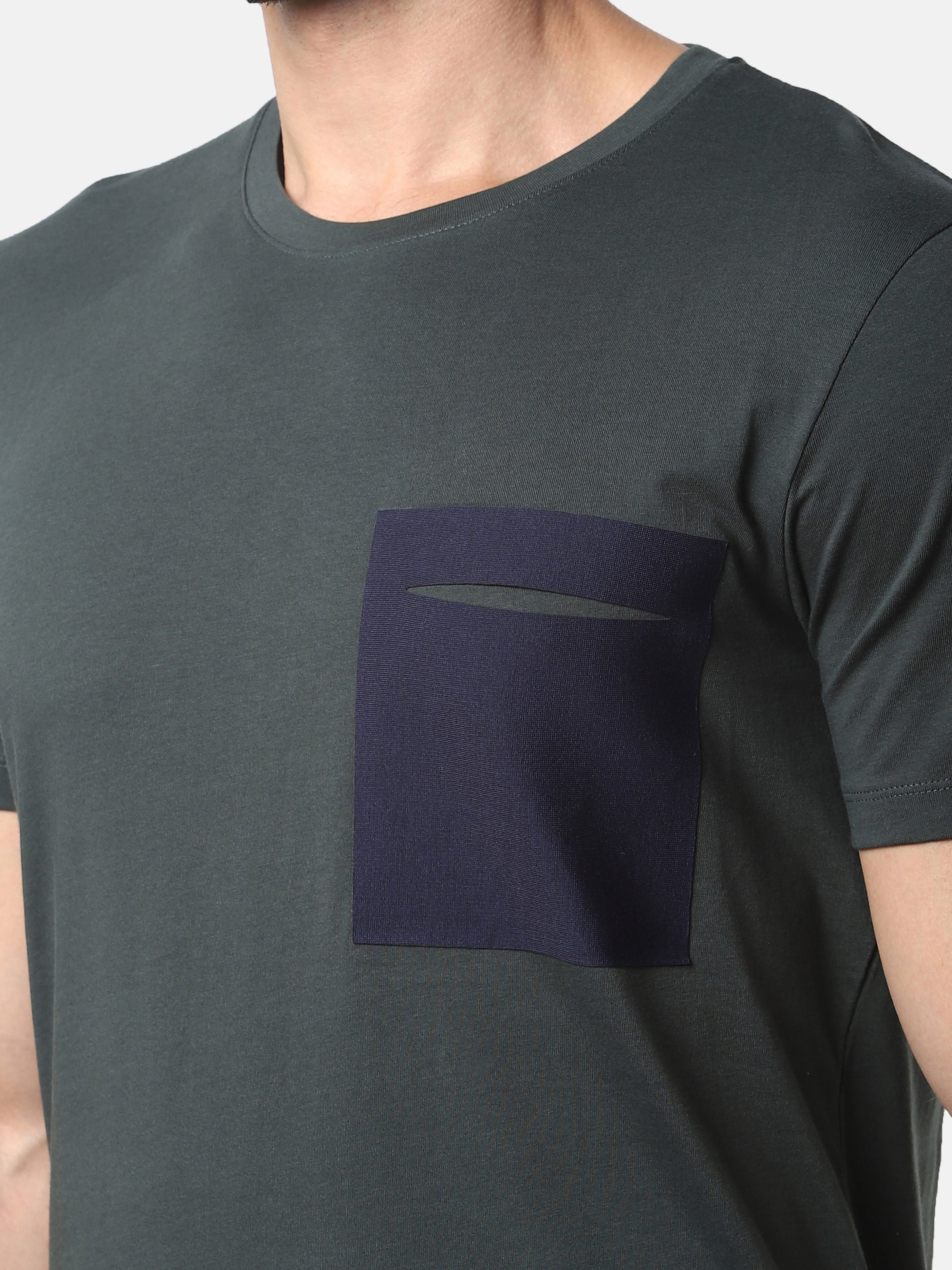 Olive Green Colourblocked Crew Neck T-Shirt