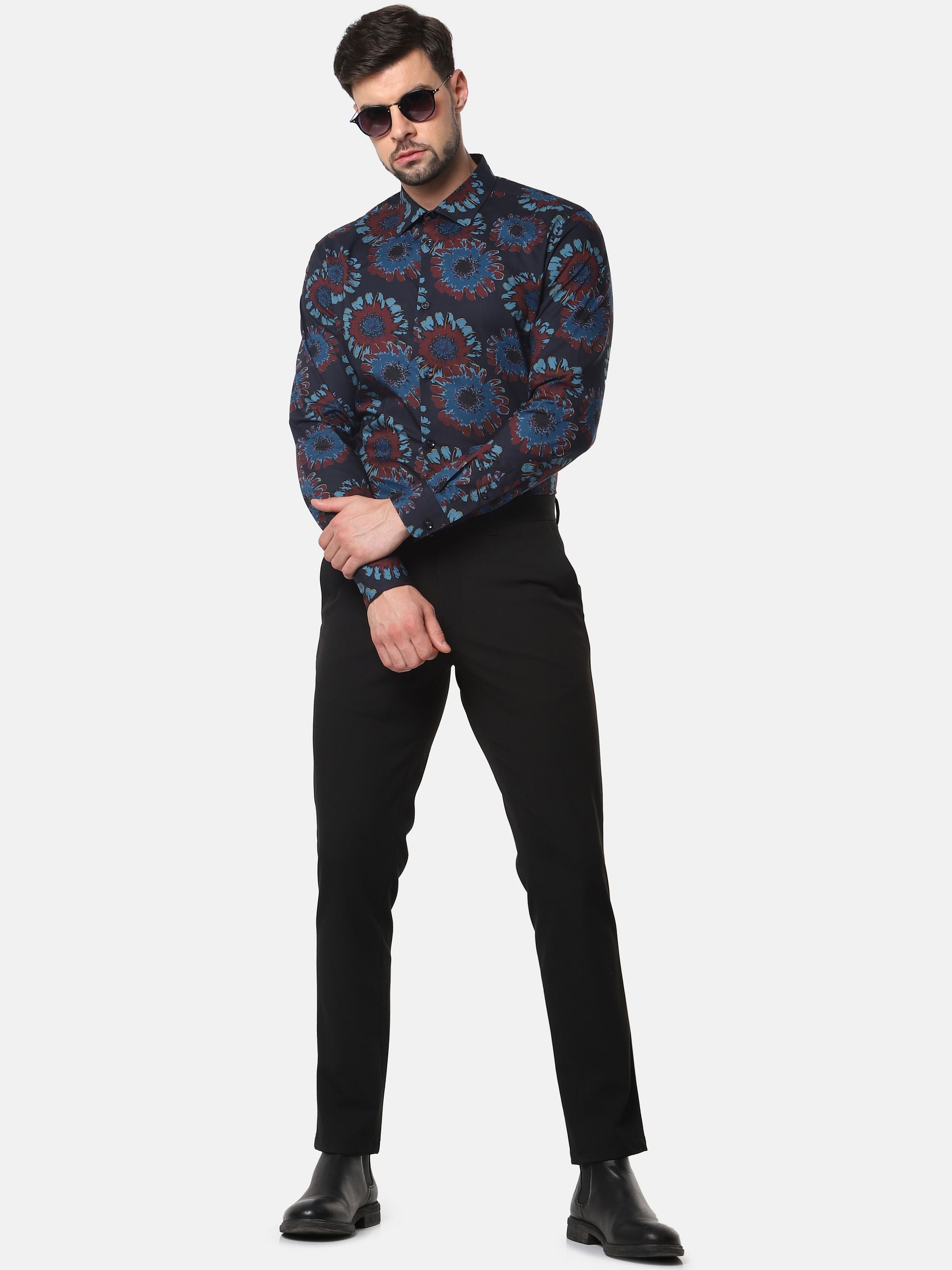 Navy Blue Floral Print Full Sleeves Shirt