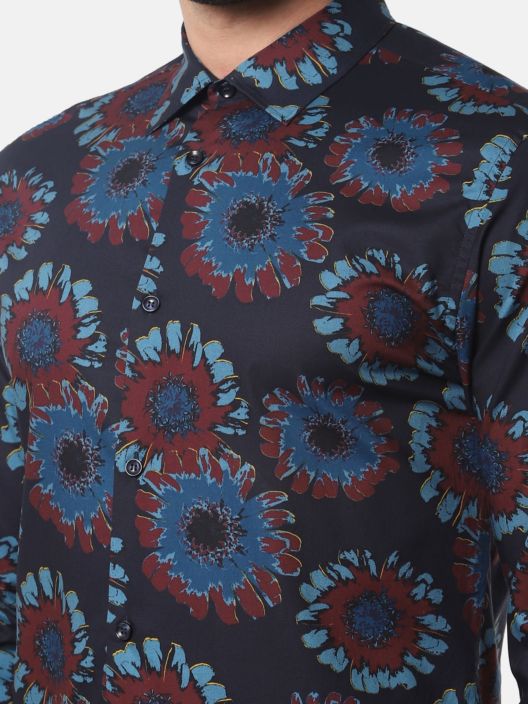 Navy Blue Floral Print Full Sleeves Shirt