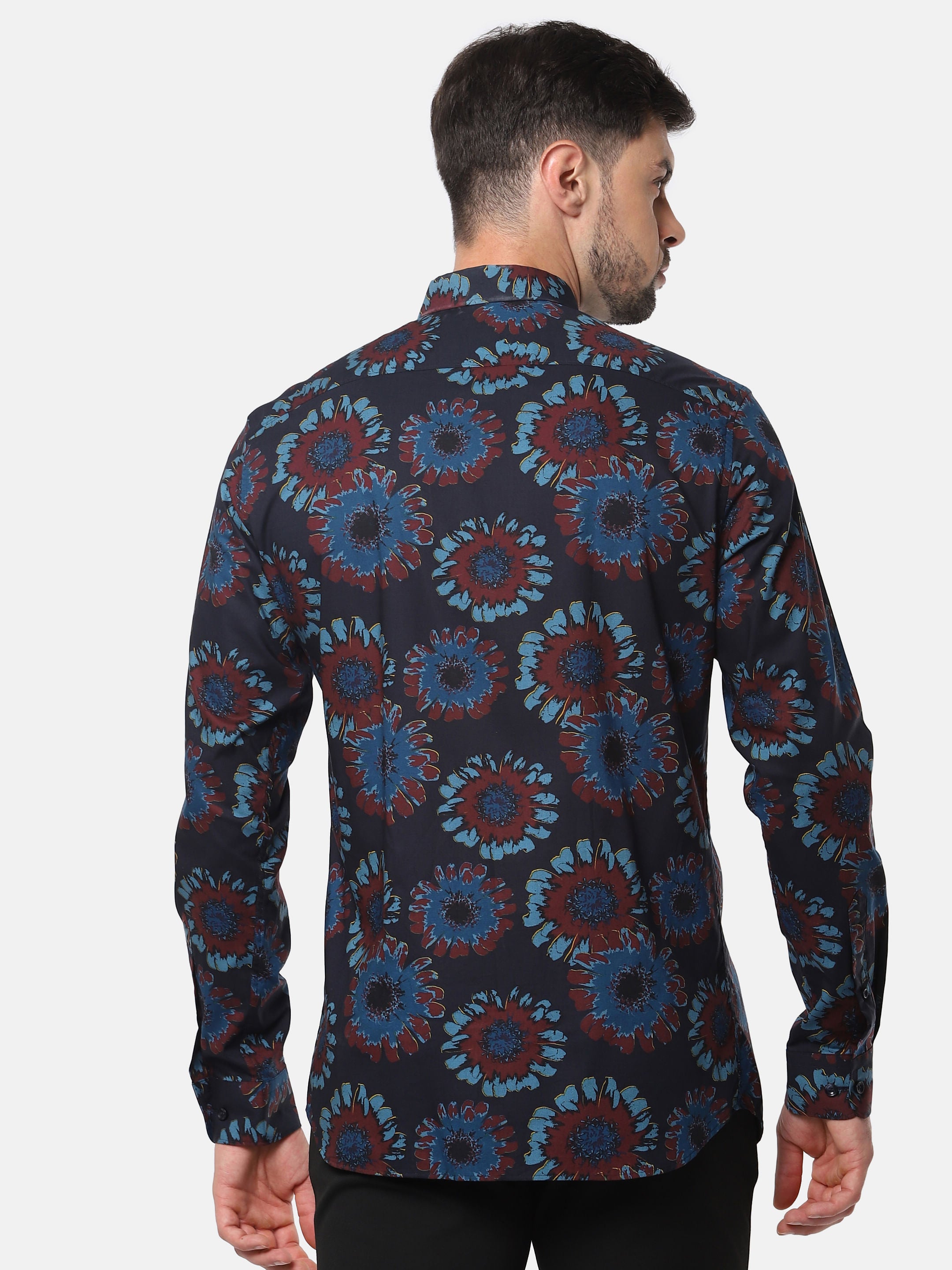 Navy Blue Floral Print Full Sleeves Shirt