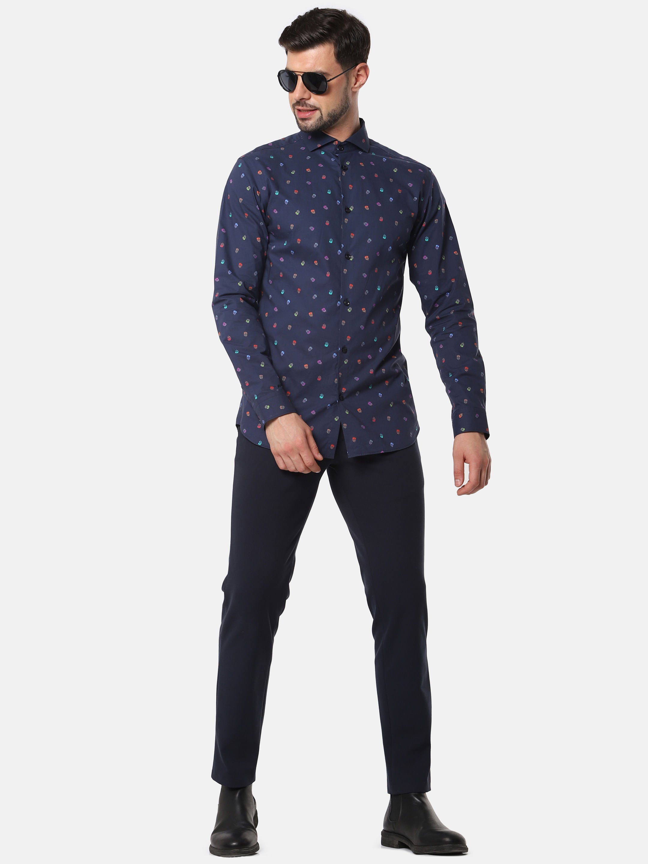 Navy Blue All Over Print Full Sleeves Shirt