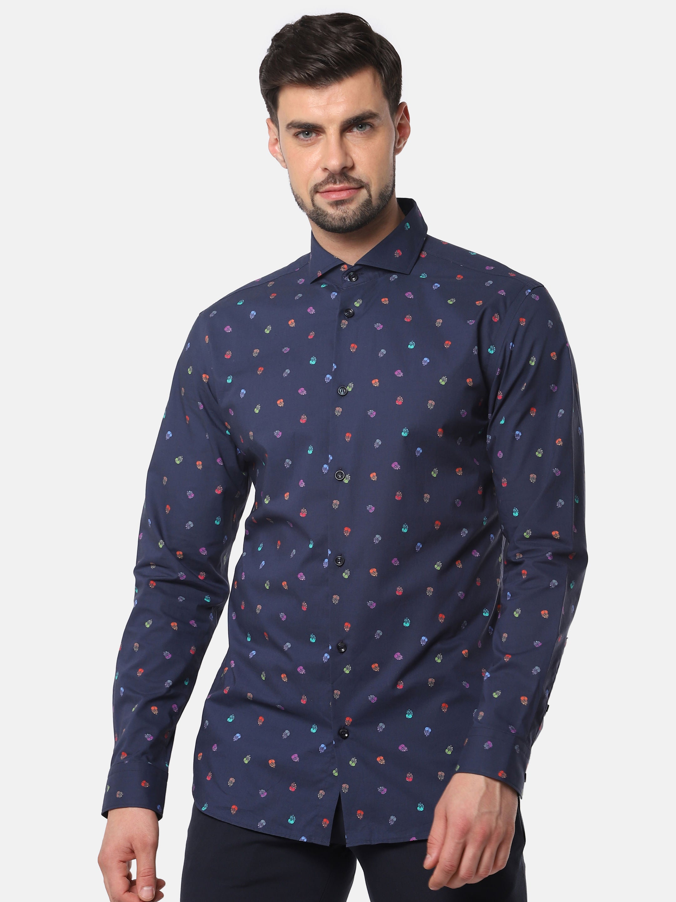 Navy Blue All Over Print Full Sleeves Shirt