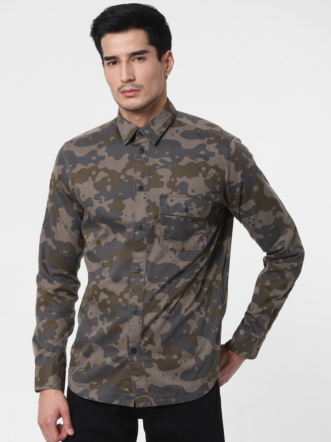 Olive Green Camo Full Sleeves Shirt