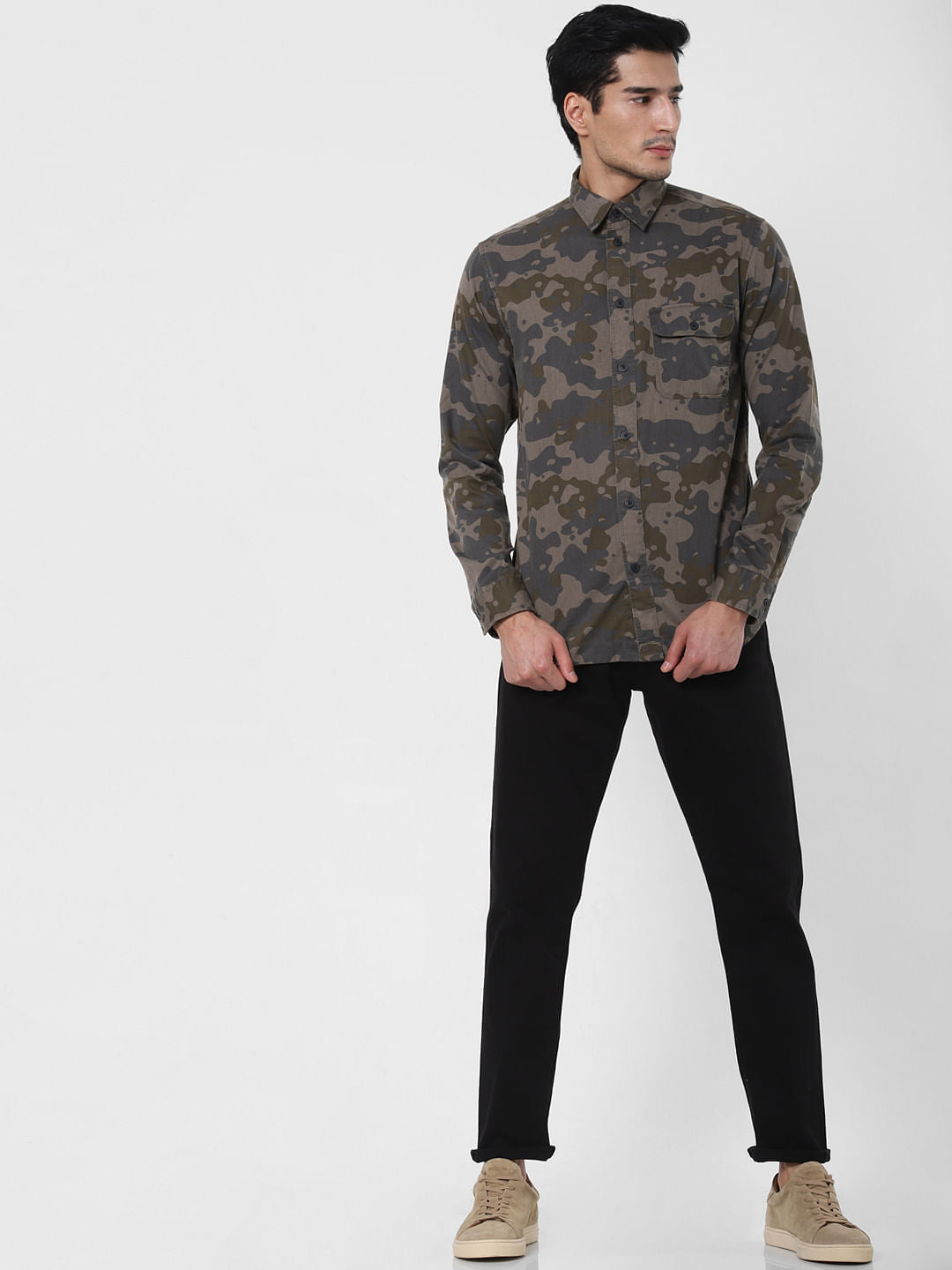 Olive Green Camo Full Sleeves Shirt