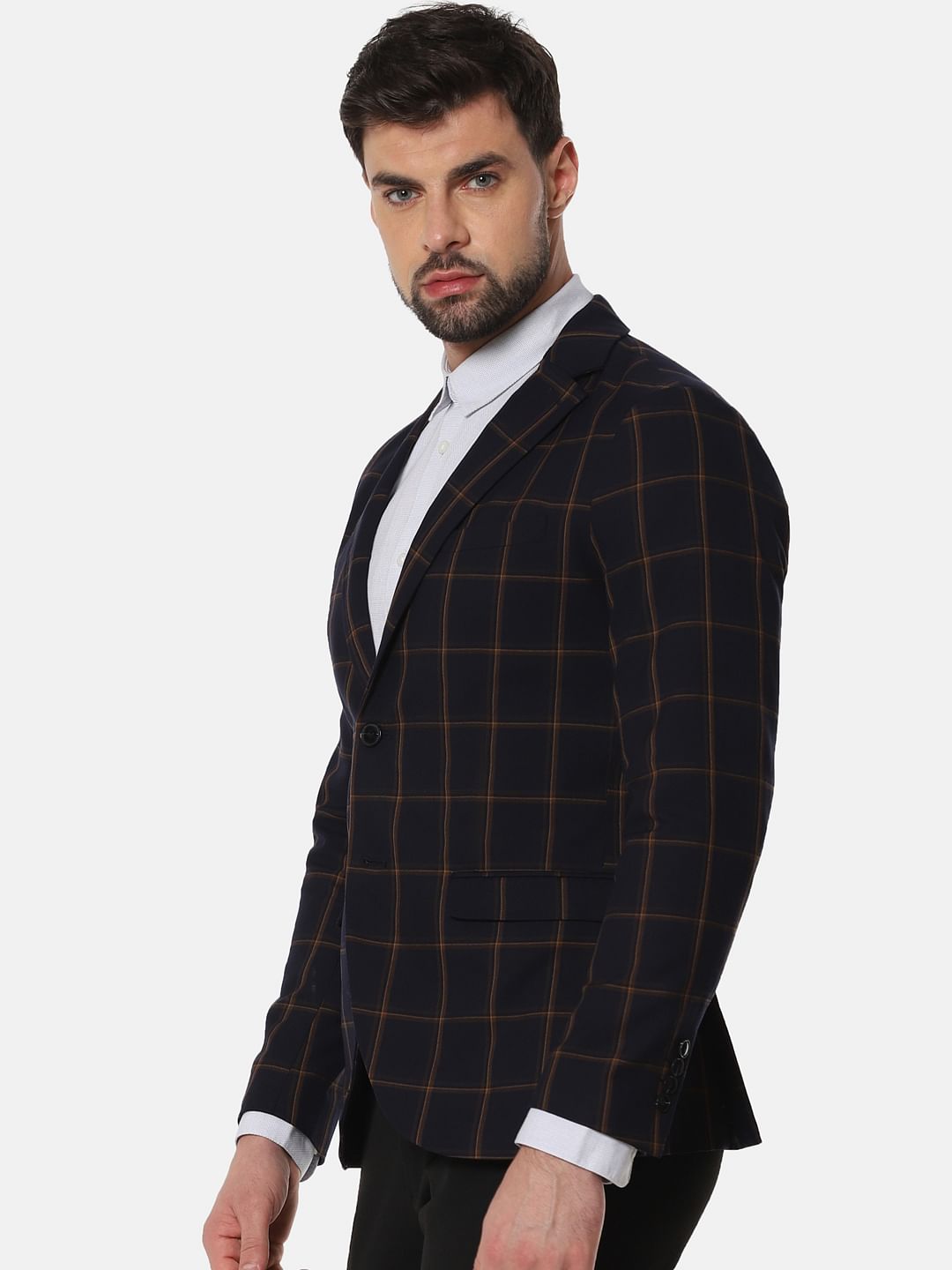 Navy Blue Check Slim Fit Blazer