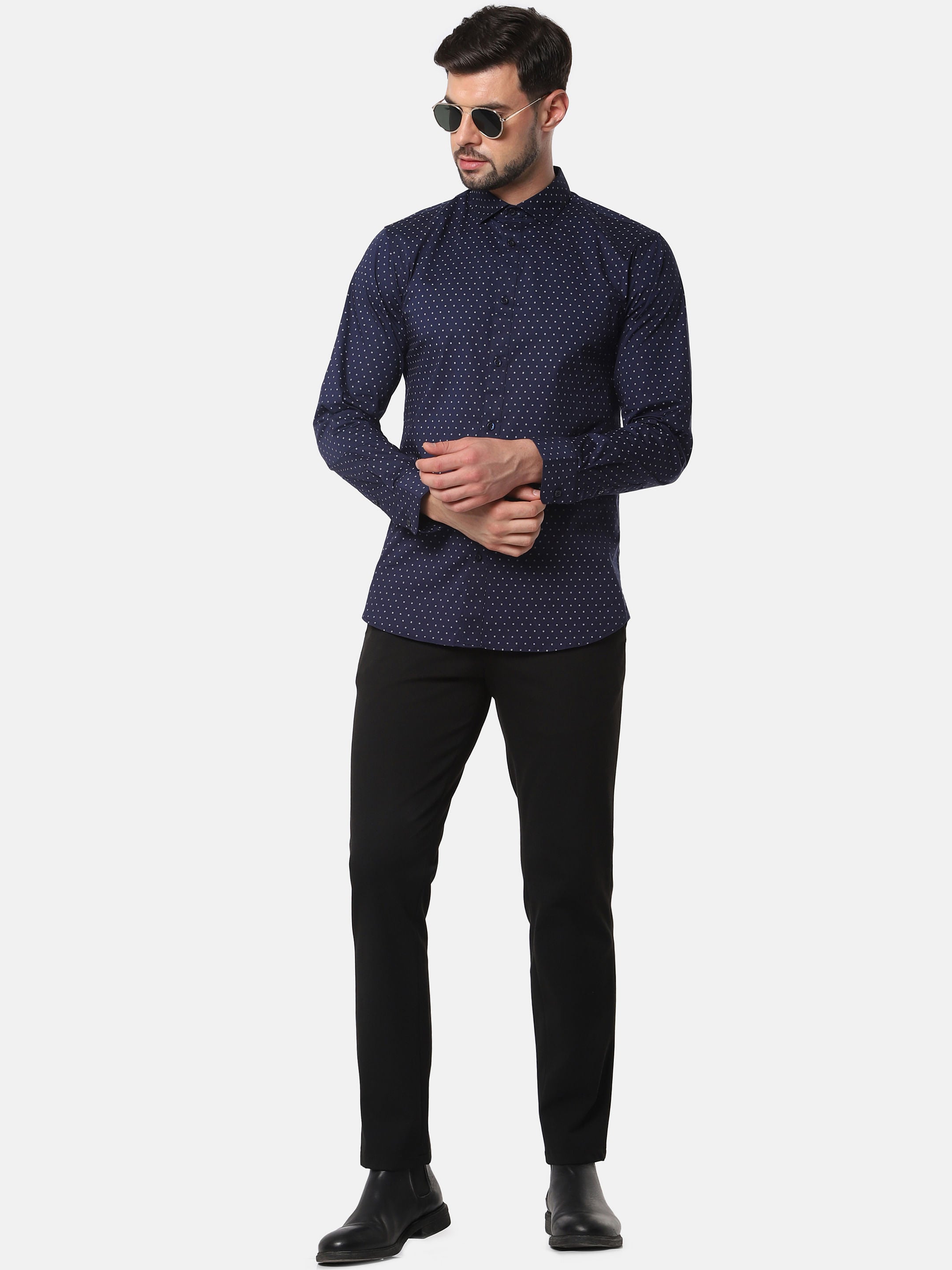 Navy Blue Printed Full Sleeves Shirt