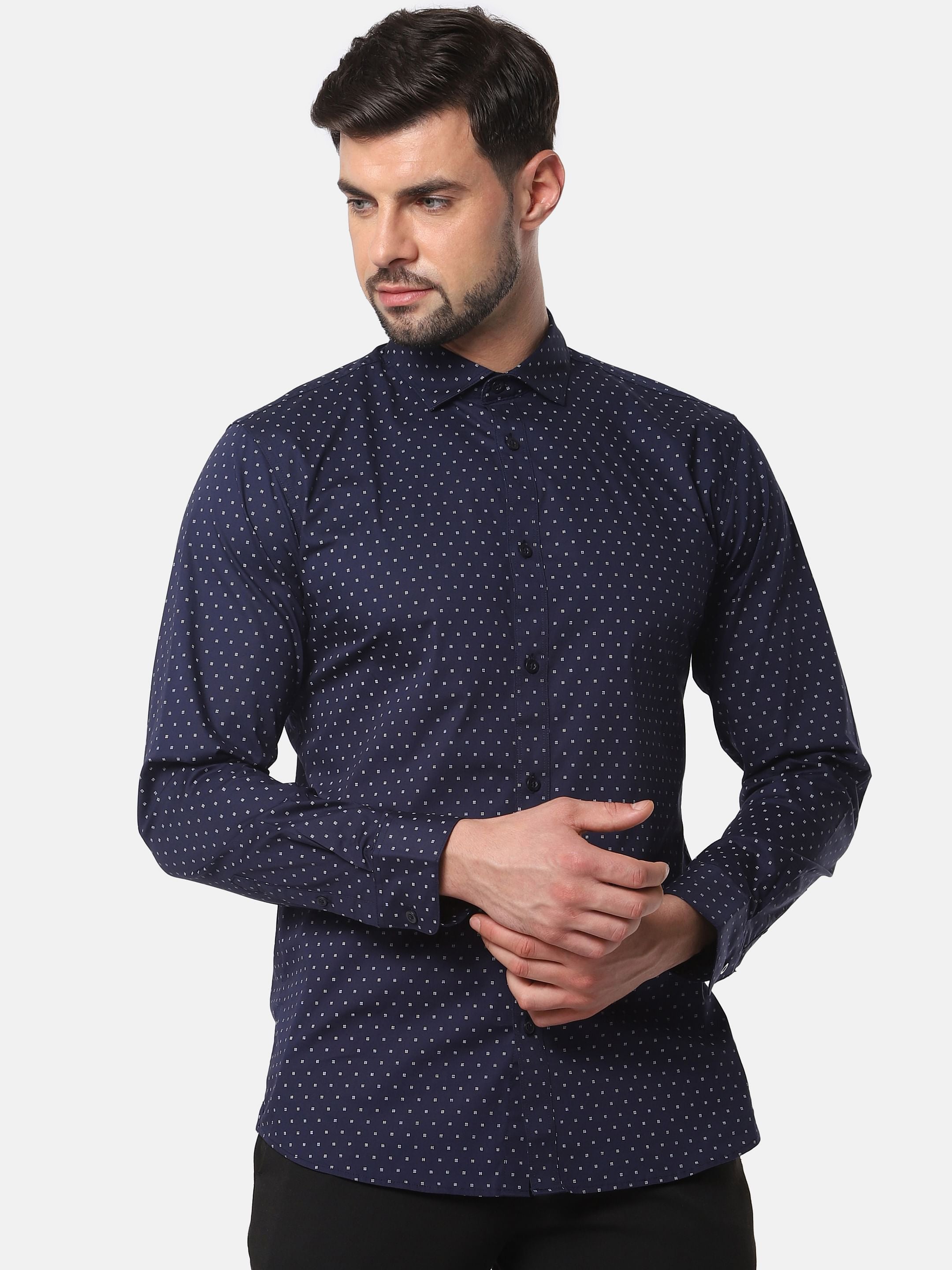Navy Blue Printed Full Sleeves Shirt
