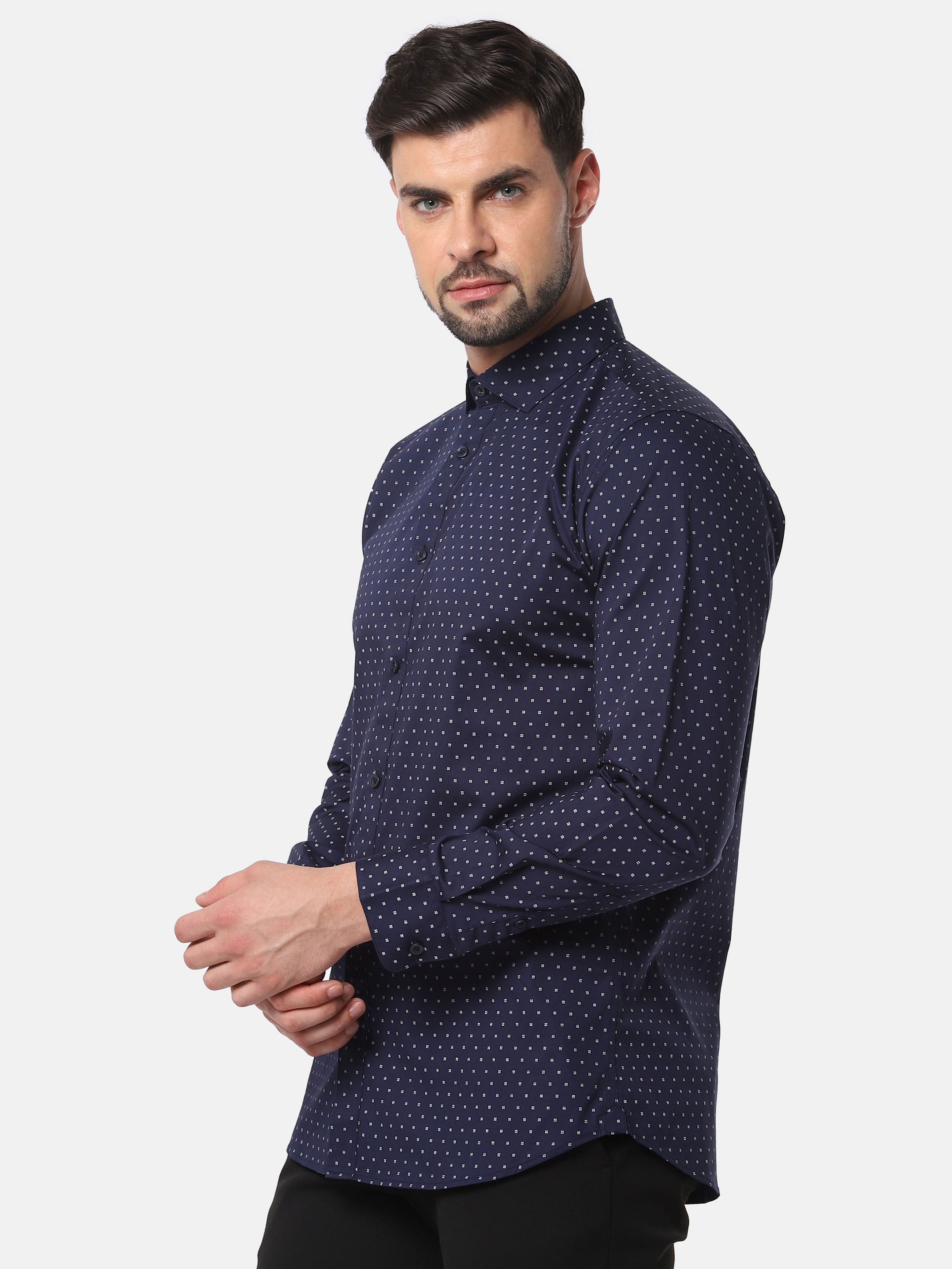 Navy Blue Printed Full Sleeves Shirt