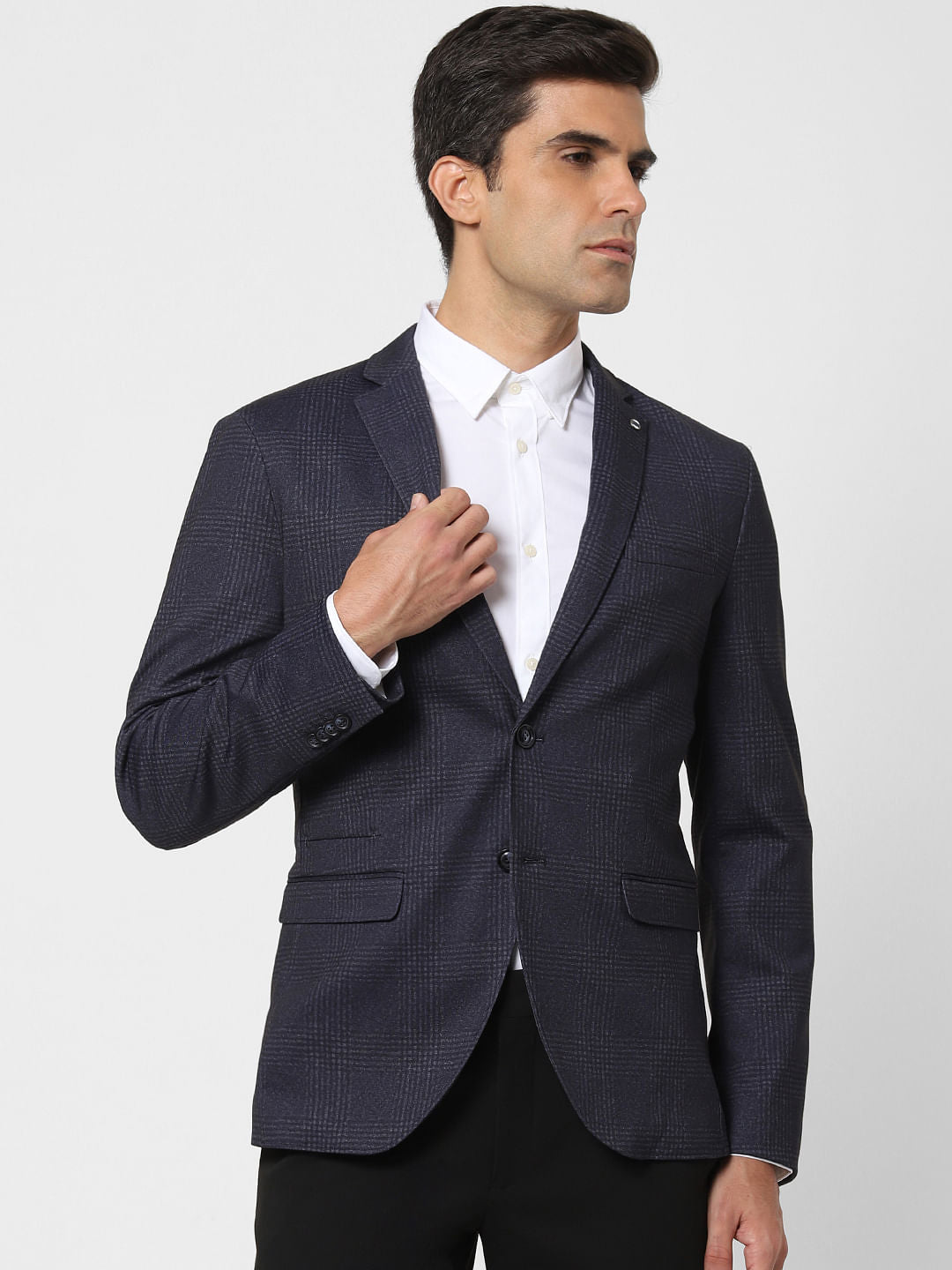 Navy Blue Check Print Blazer