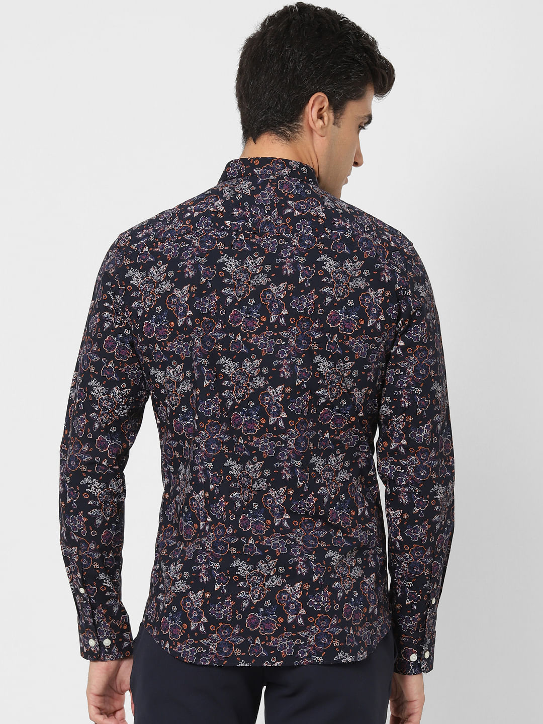 Navy Blue Floral Print Full Sleeves Shirt