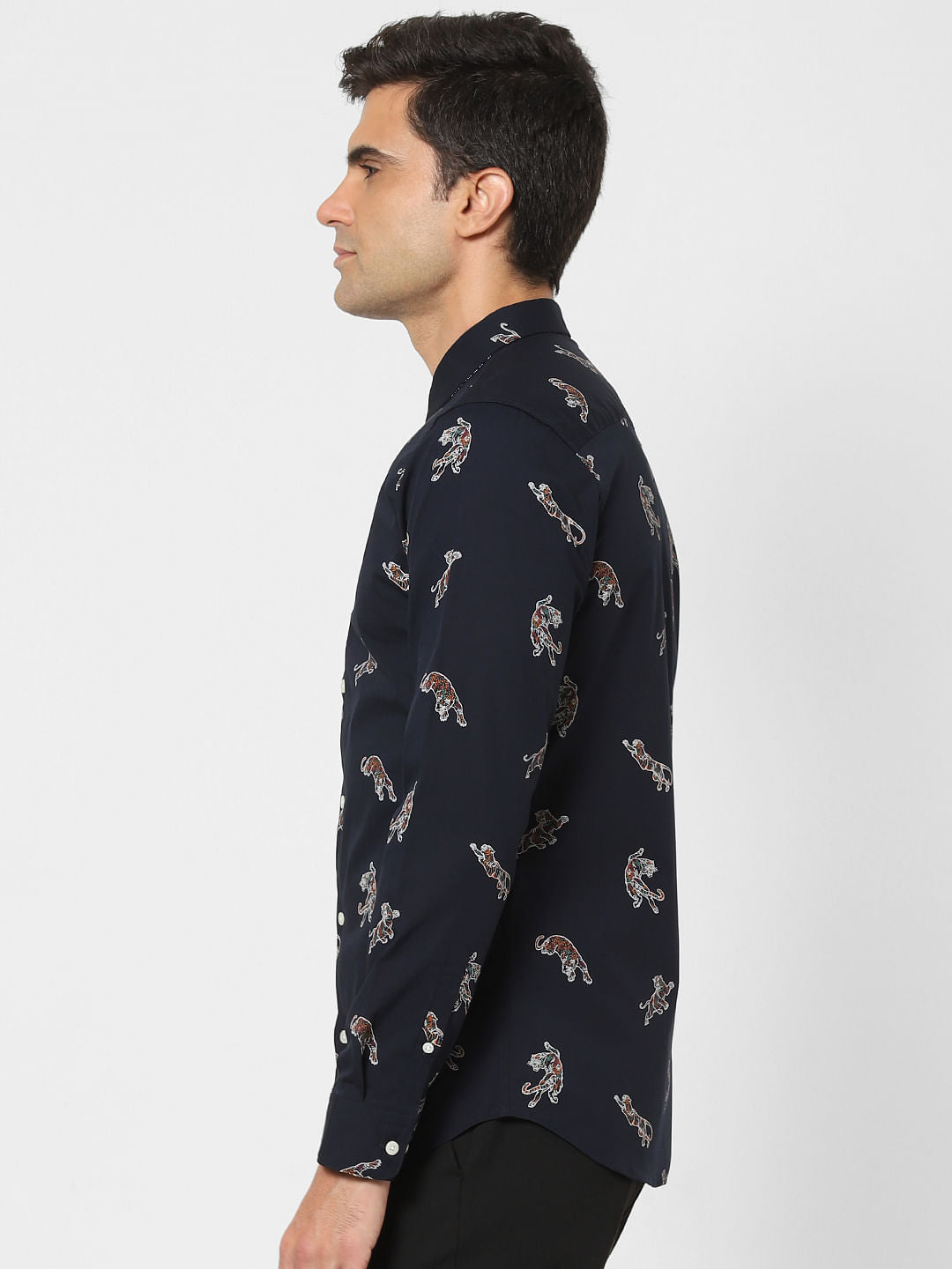 Navy Blue Animal Print Full Sleeves Shirt