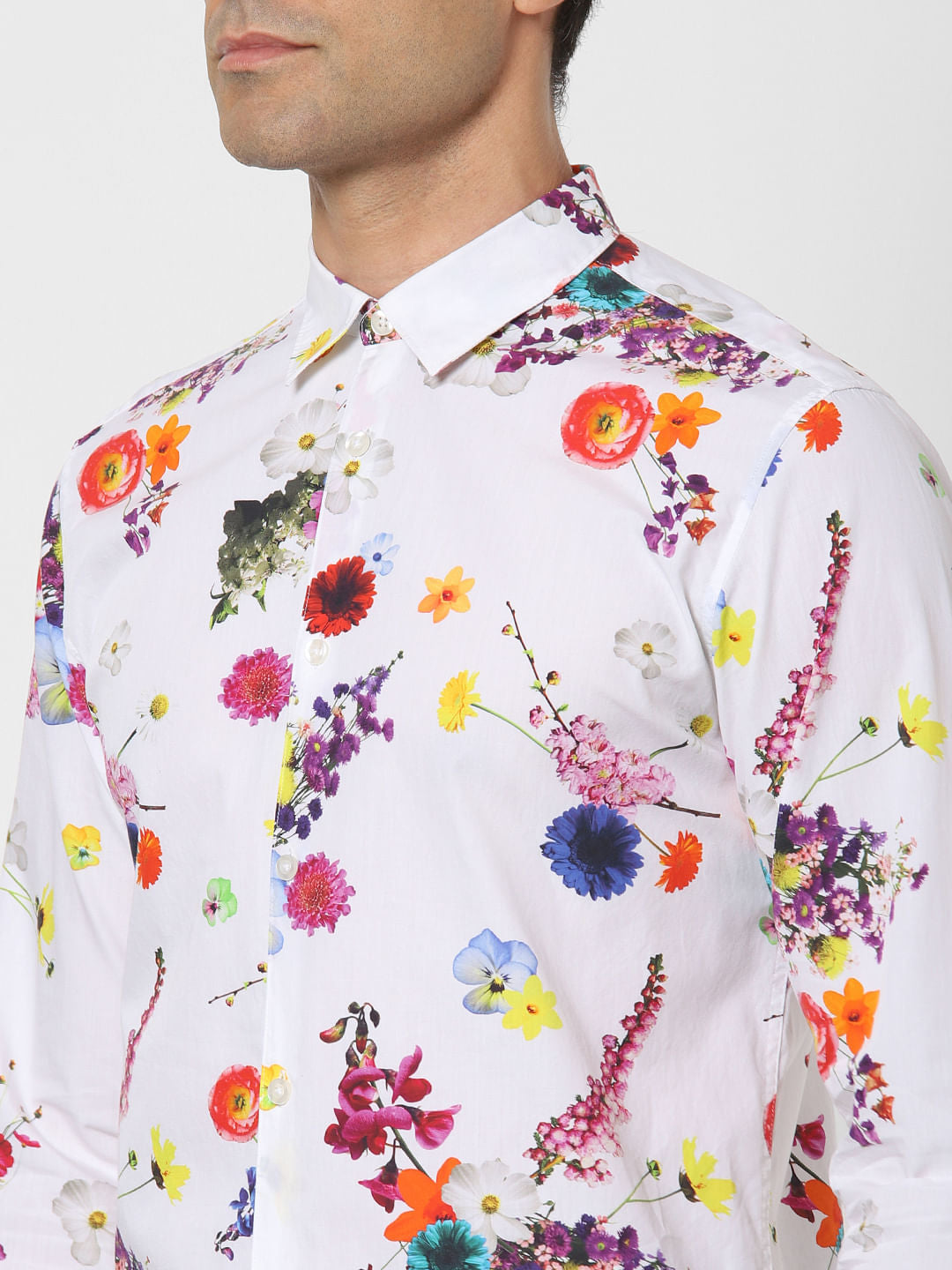 White Floral Print Full Sleeves Shirt