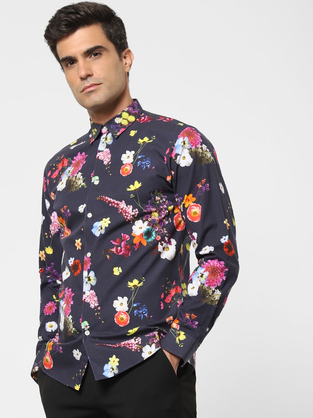 Navy Blue Floral Print Full Sleeves Shirt