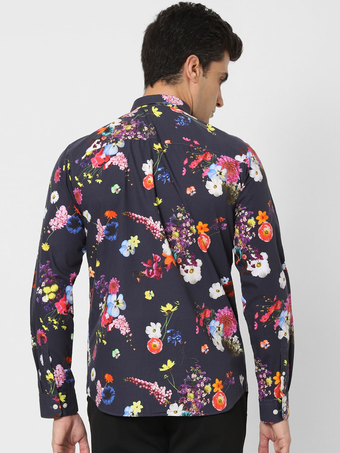 Navy Blue Floral Print Full Sleeves Shirt