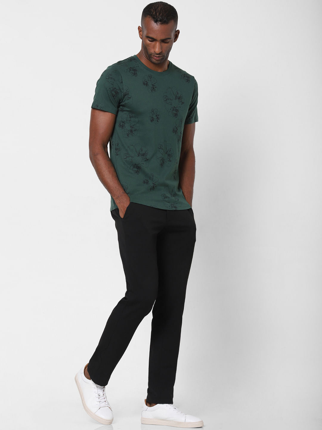 Green Floral Print Crew Neck T-Shirt