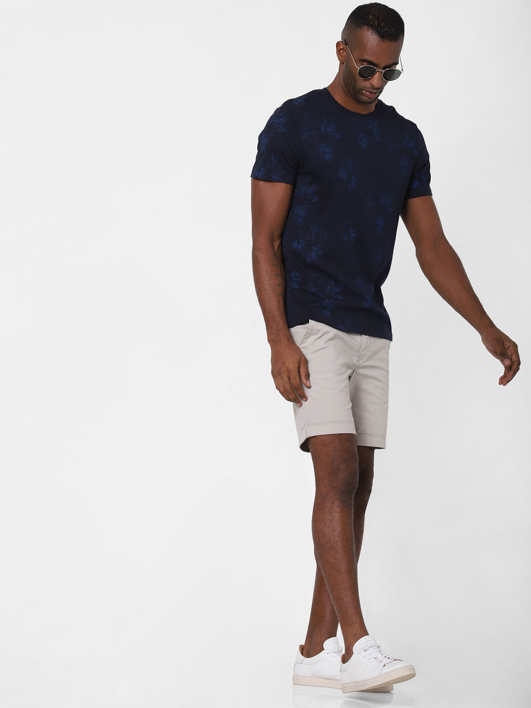 Navy Blue Floral Print Crew Neck T-Shirt