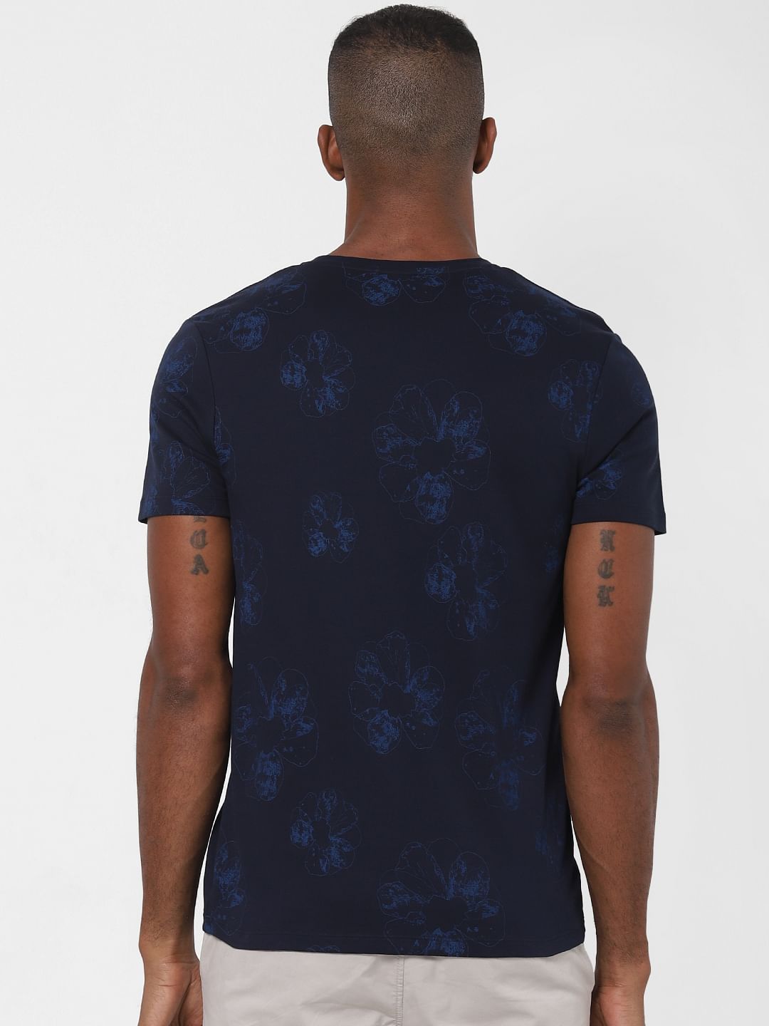Navy Blue Floral Print Crew Neck T-Shirt