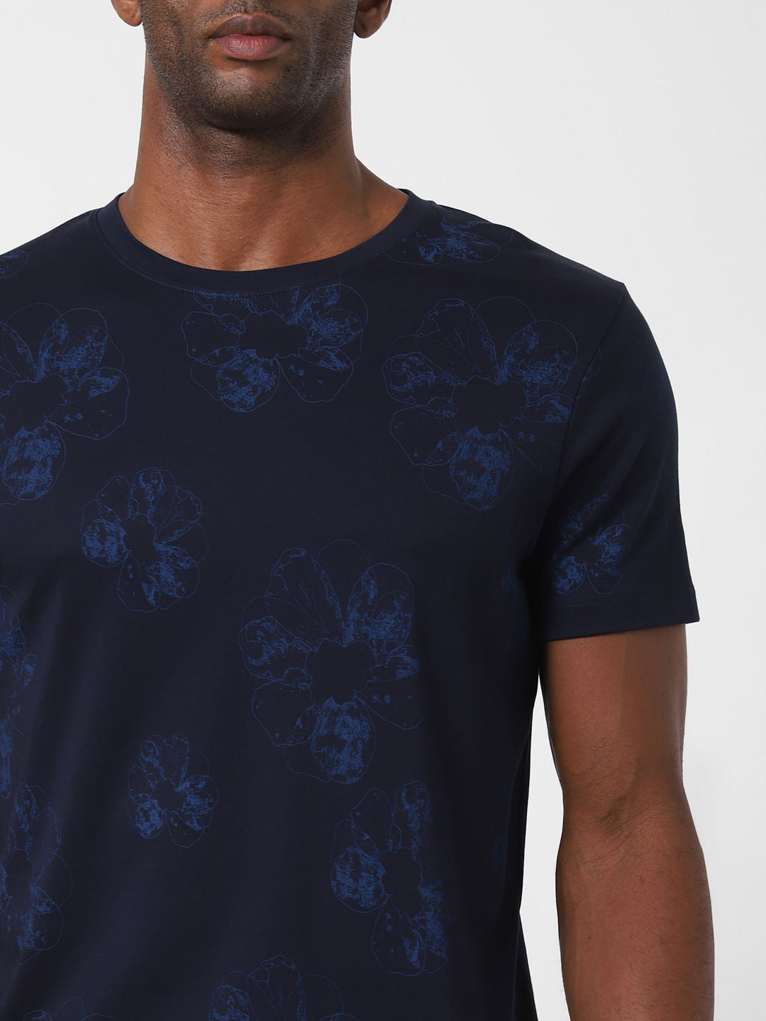 Navy Blue Floral Print Crew Neck T-Shirt