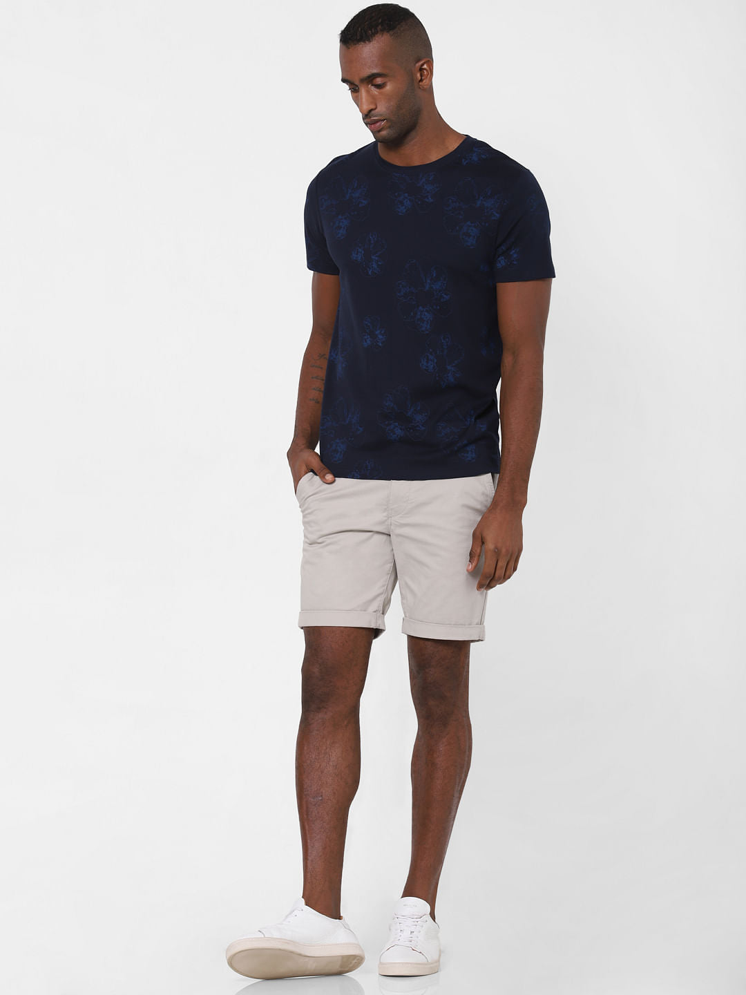 Navy Blue Floral Print Crew Neck T-Shirt