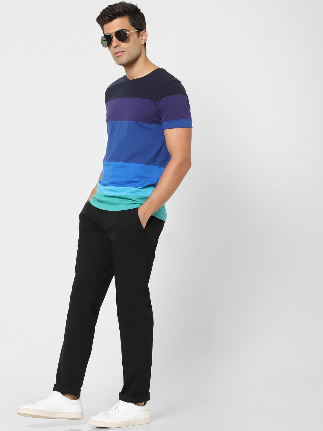 Blue Colourblocked Crew Neck T-Shirt