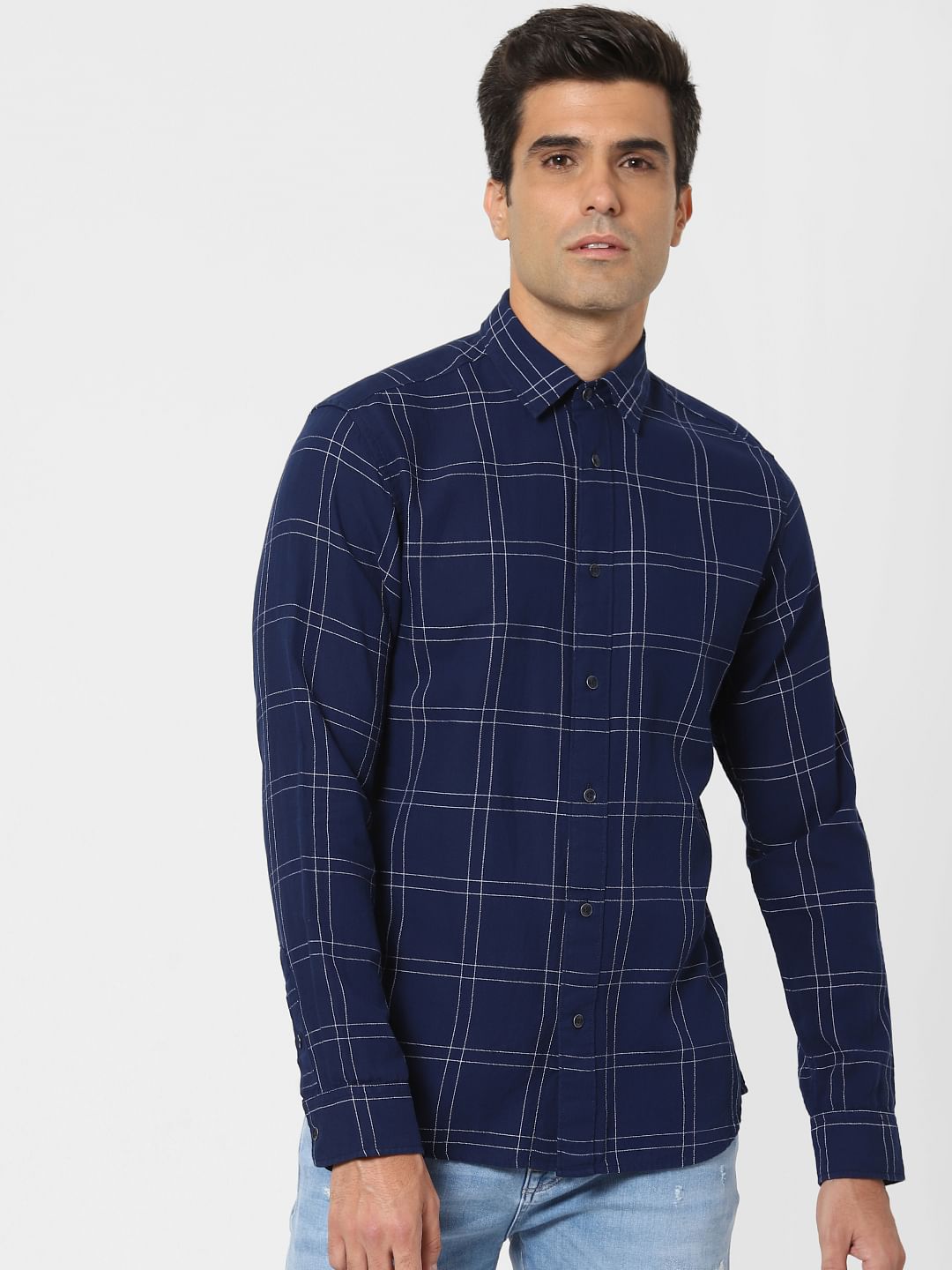 Navy Blue Check Full Sleeves Shirt