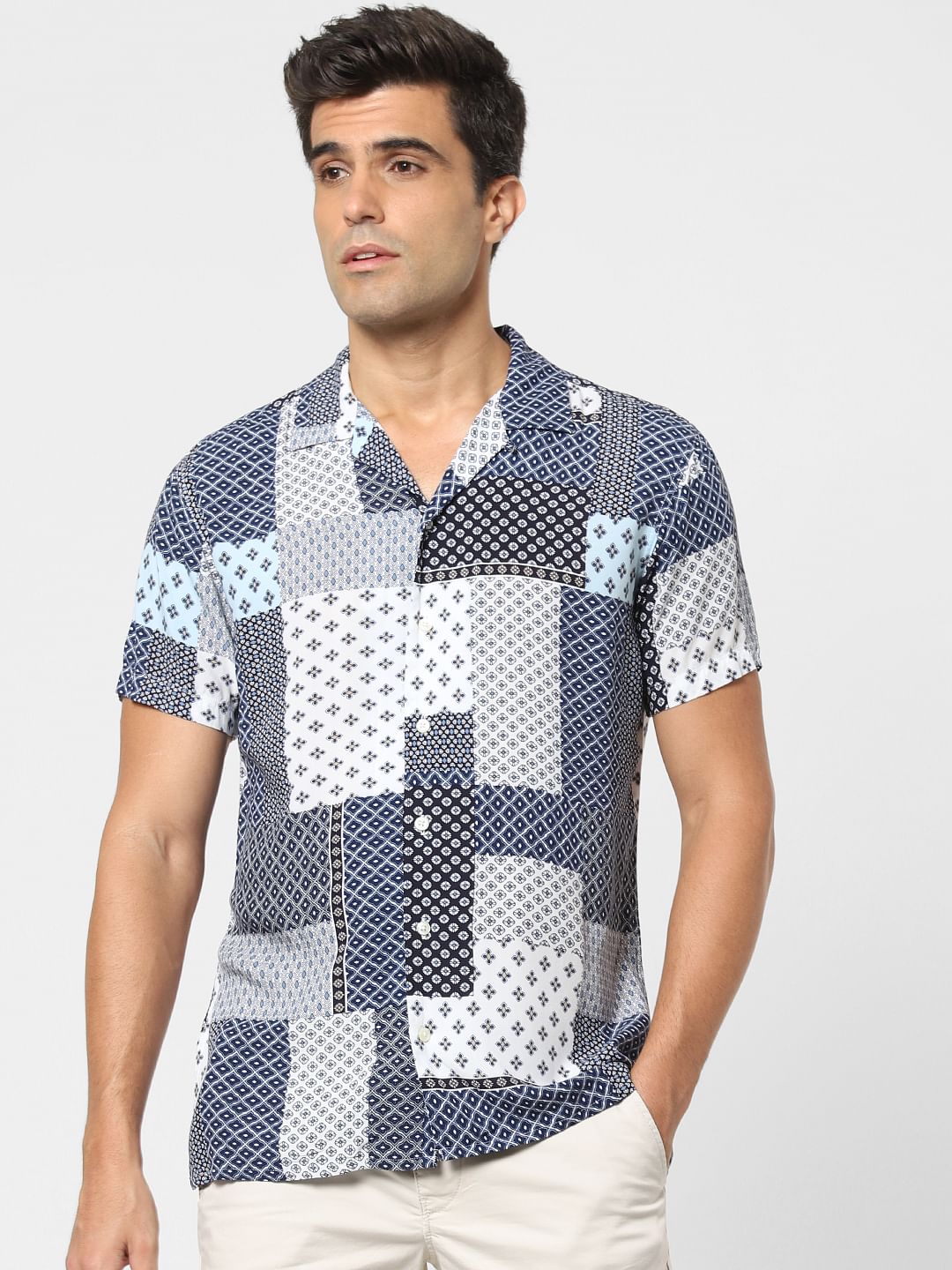 White Multi Patch Short Sleeves Shirt