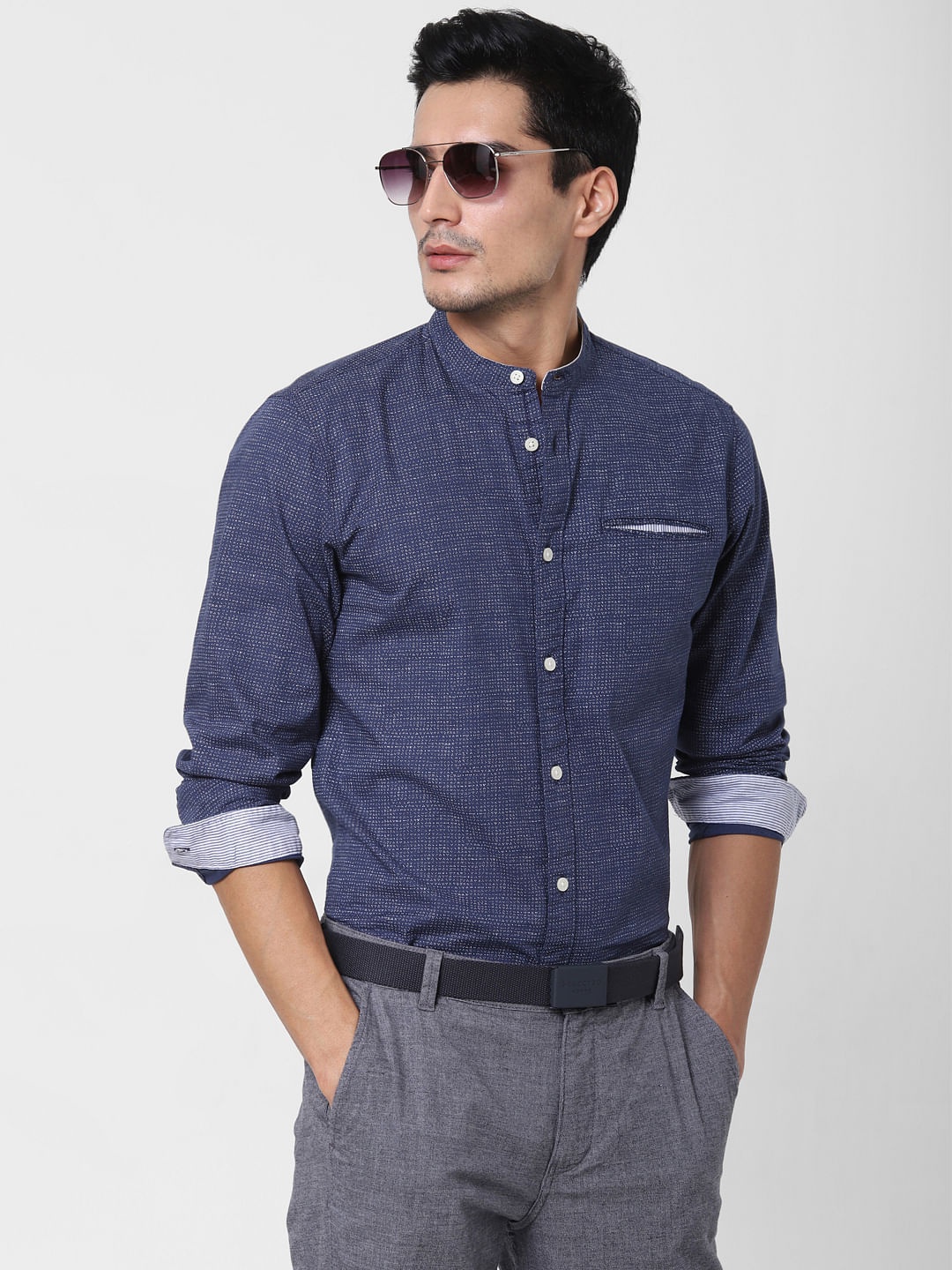 Navy Blue Printed Full Sleeves Shirt