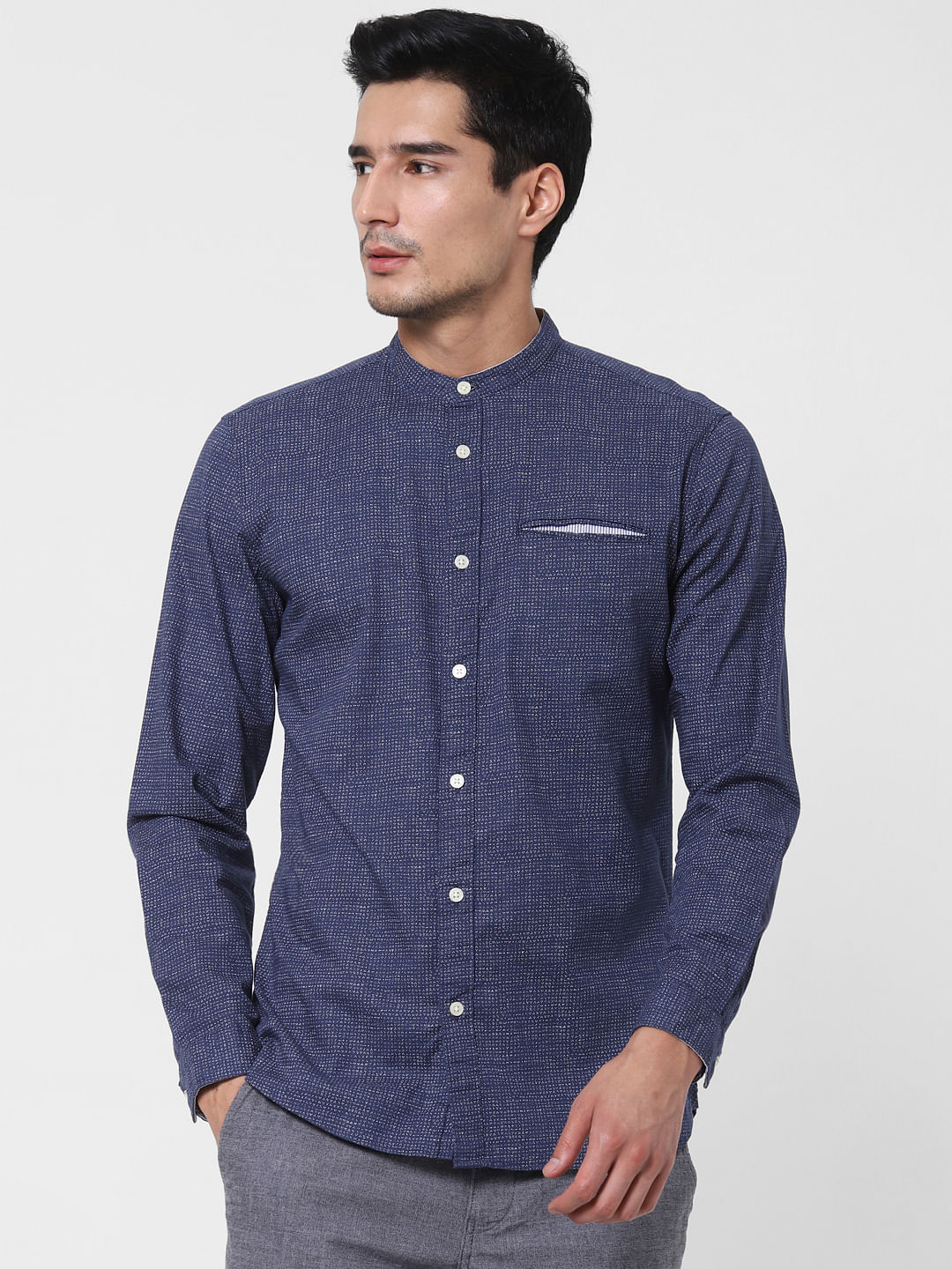 Navy Blue Printed Full Sleeves Shirt