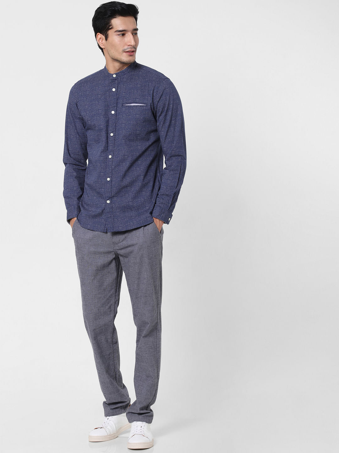 Navy Blue Printed Full Sleeves Shirt