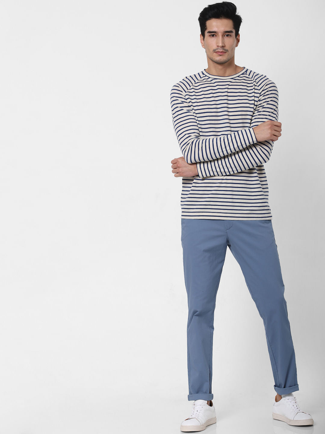 Dark Blue Striped Crew Neck T-Shirt