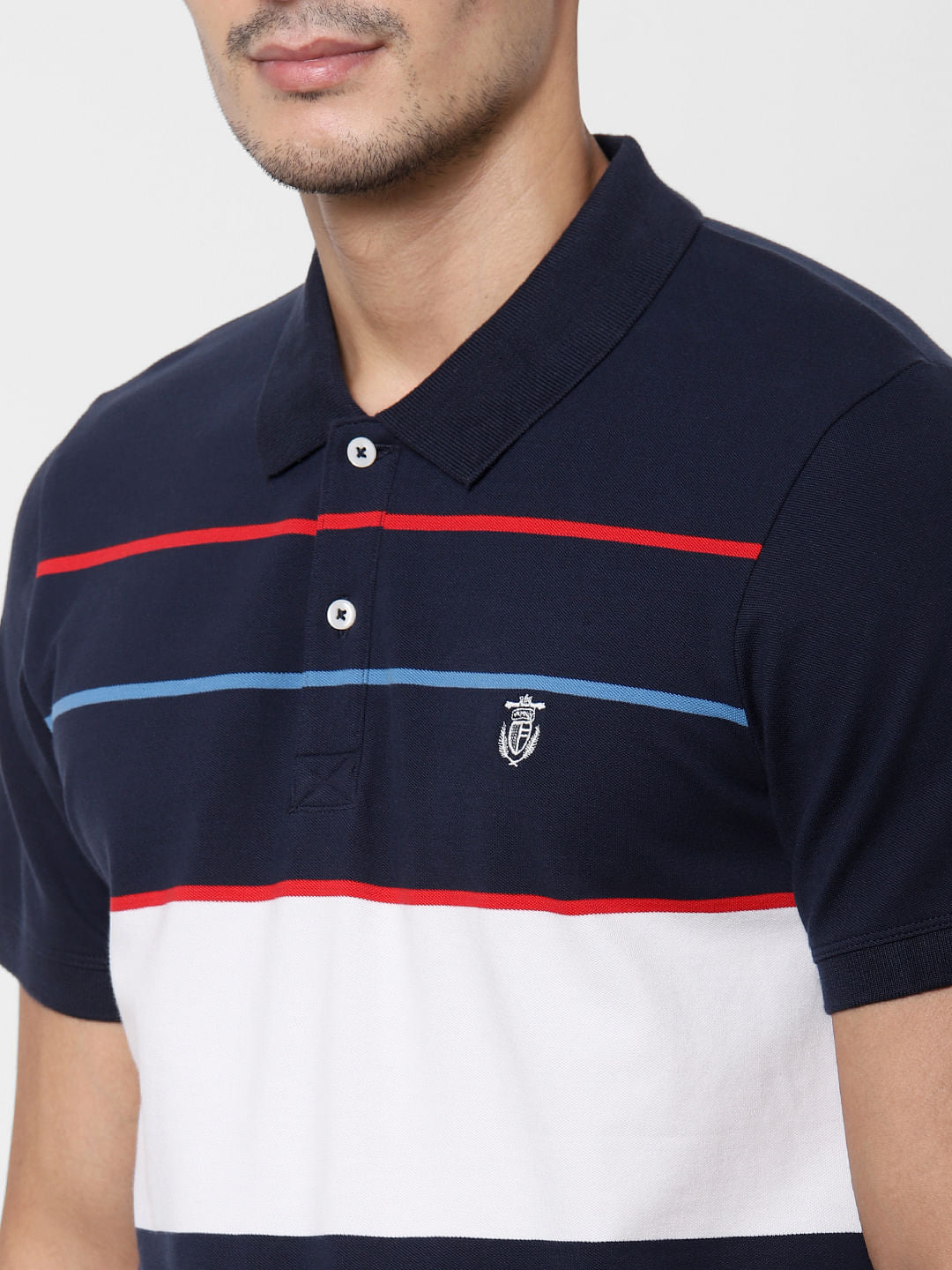 Blue Colourblocked Polo Neck T-Shirt