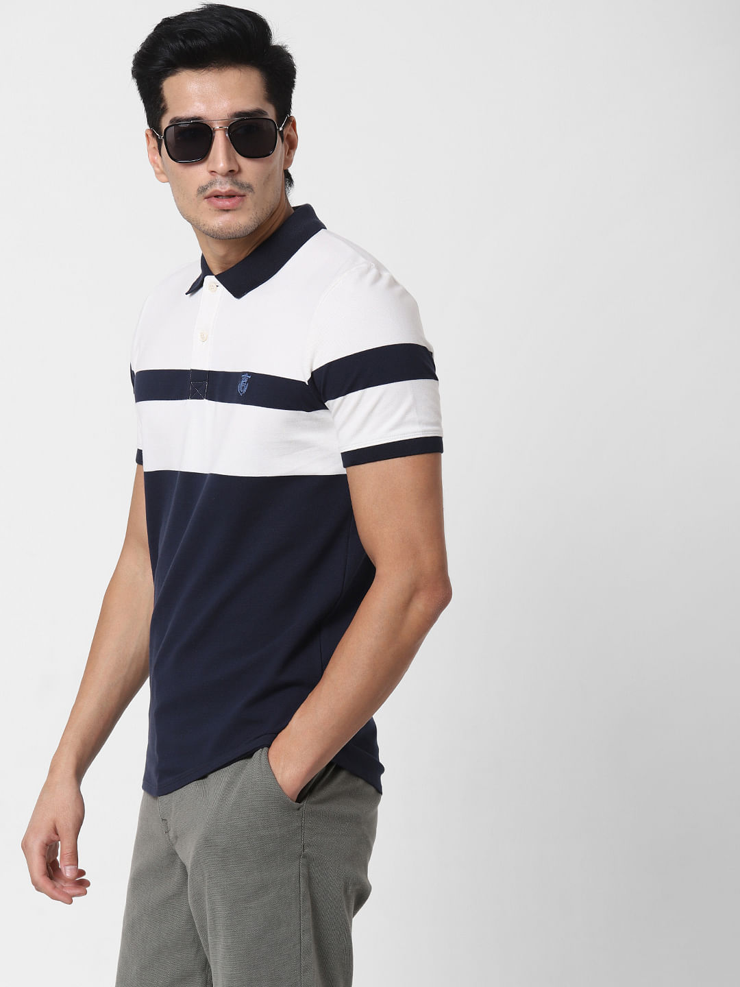 Navy Blue Colourblocked Polo Neck T-Shirt