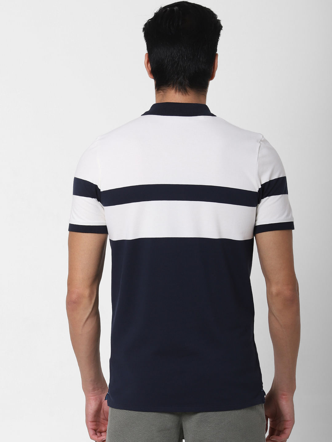 Navy Blue Colourblocked Polo Neck T-Shirt