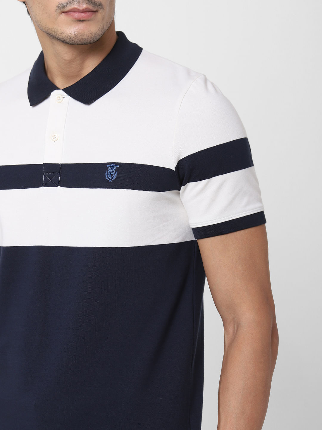 Navy Blue Colourblocked Polo Neck T-Shirt